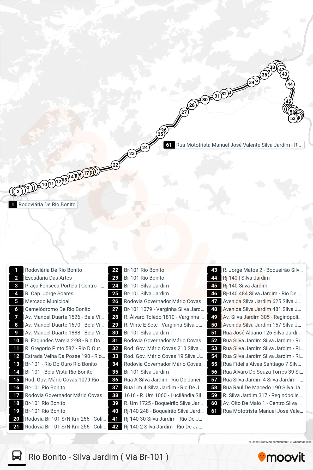 Rota e paradas da linha de ônibus B110 (Silva Jardim) no mapa