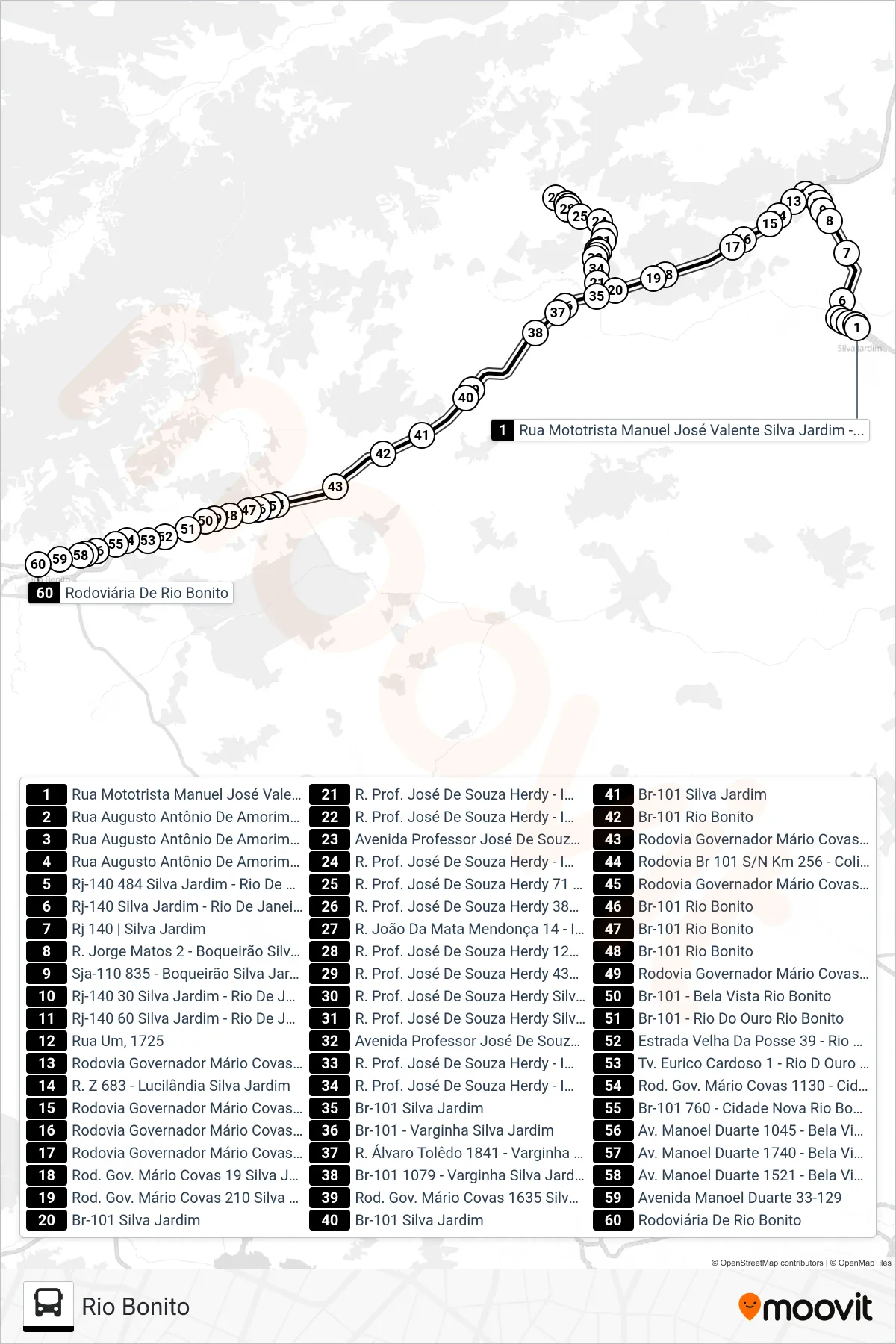 Rota e paradas da linha de ônibus B115 (Rio Bonito) no mapa