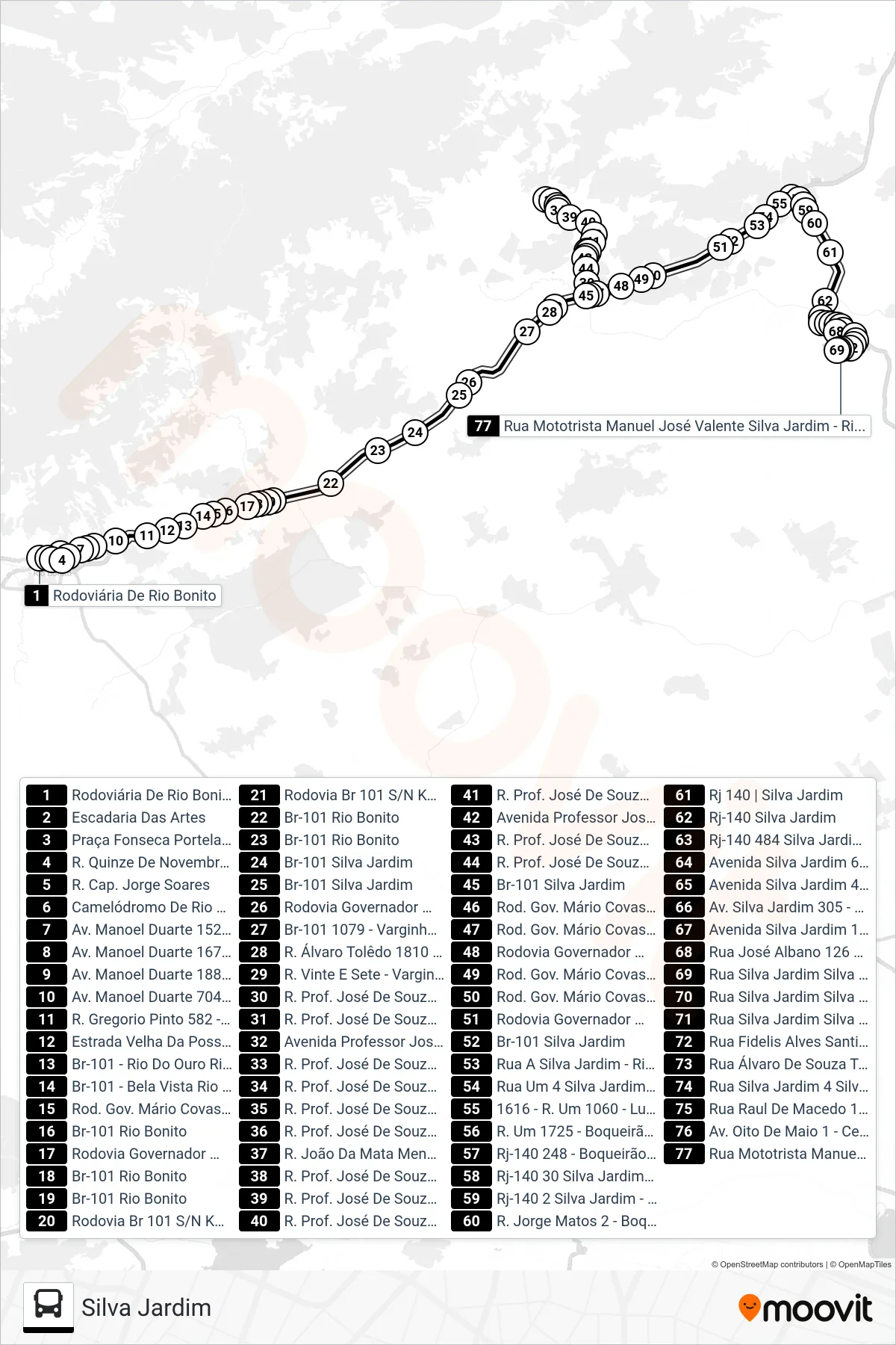 Rota e paradas da linha de ônibus B115 (Silva Jardim) no mapa