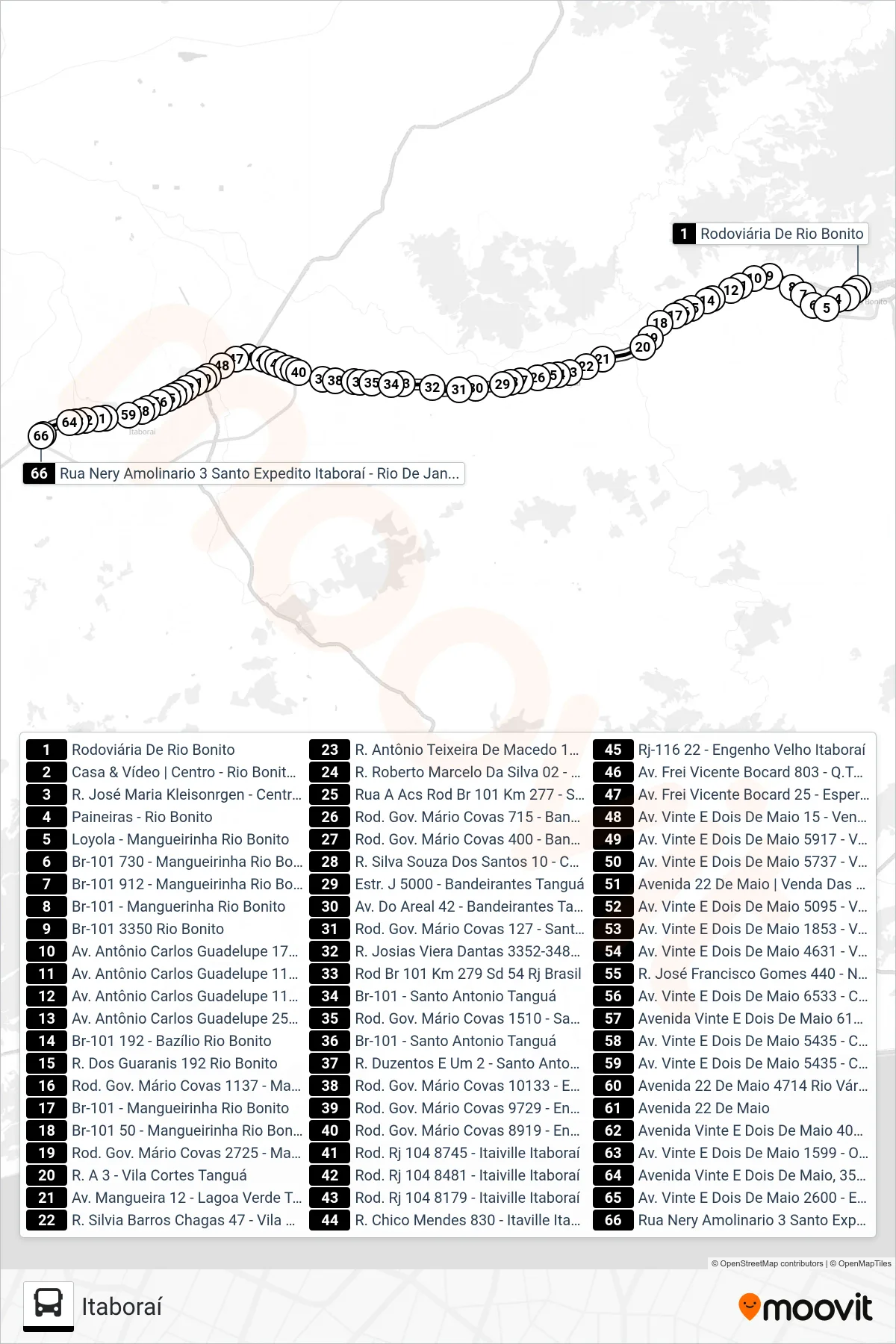 MB10 bus Line (Itaboraí) route and stops on a map