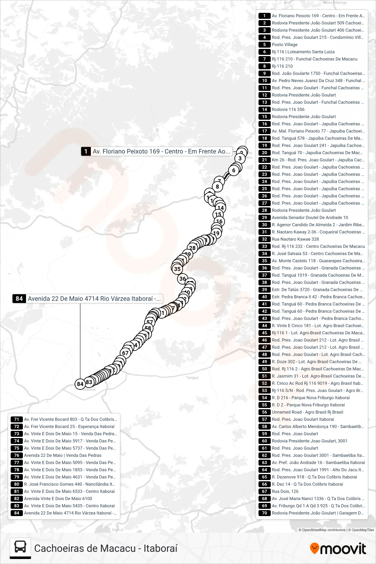 MB14 bus Line (Itaboraí) route and stops on a map