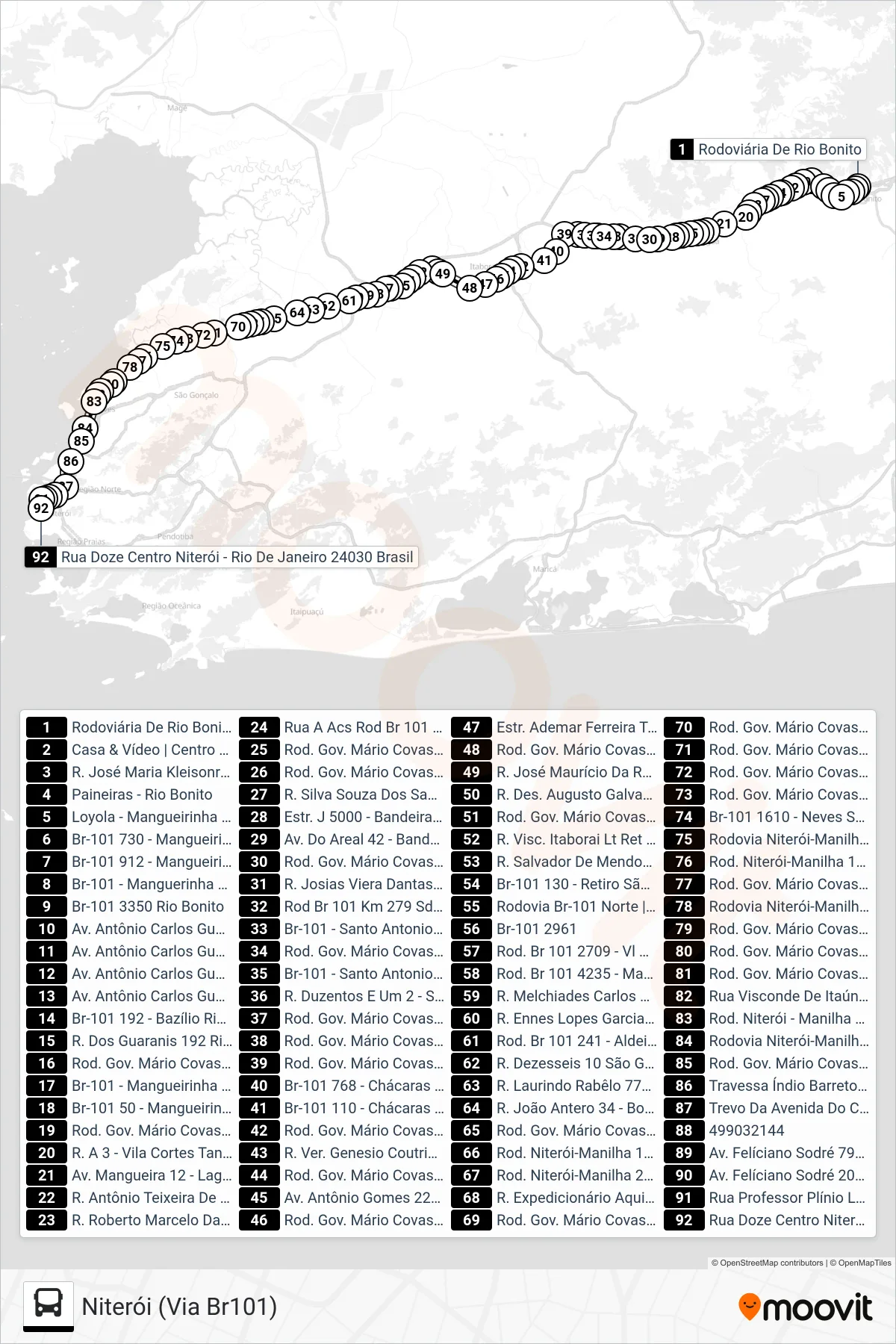 Rota e paradas da linha de ônibus MB18 (Niterói (Via Br101)) no mapa