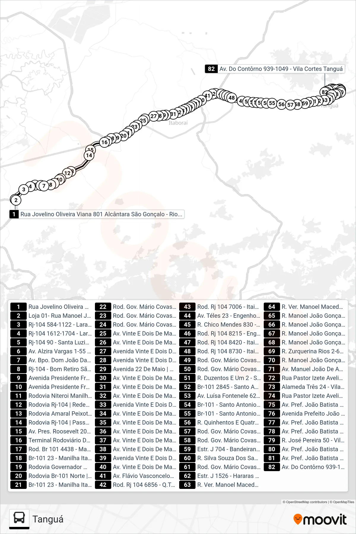MB22 bus Line (Tanguá) route and stops on a map