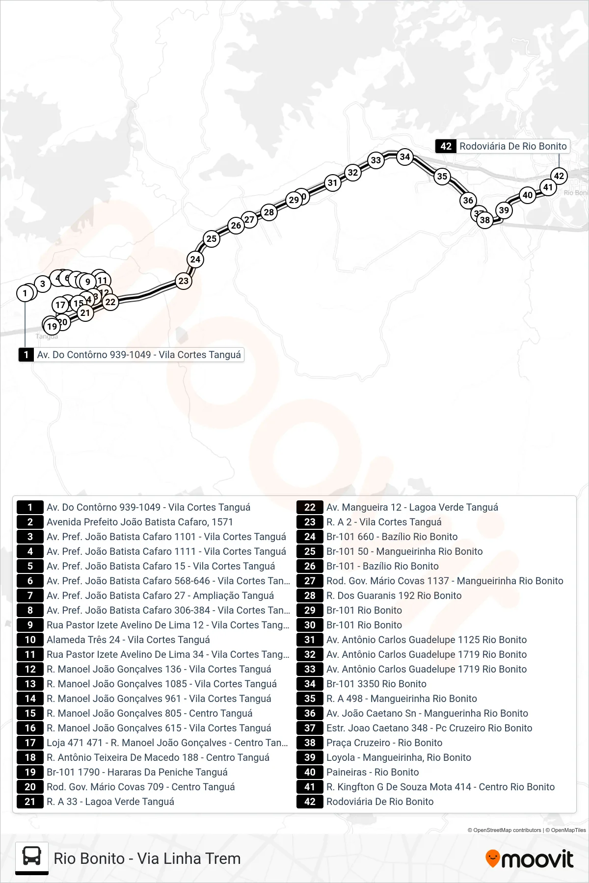 Rota e paradas da linha de ônibus  MB34  (Rio Bonito - Via Linha Trem) no mapa