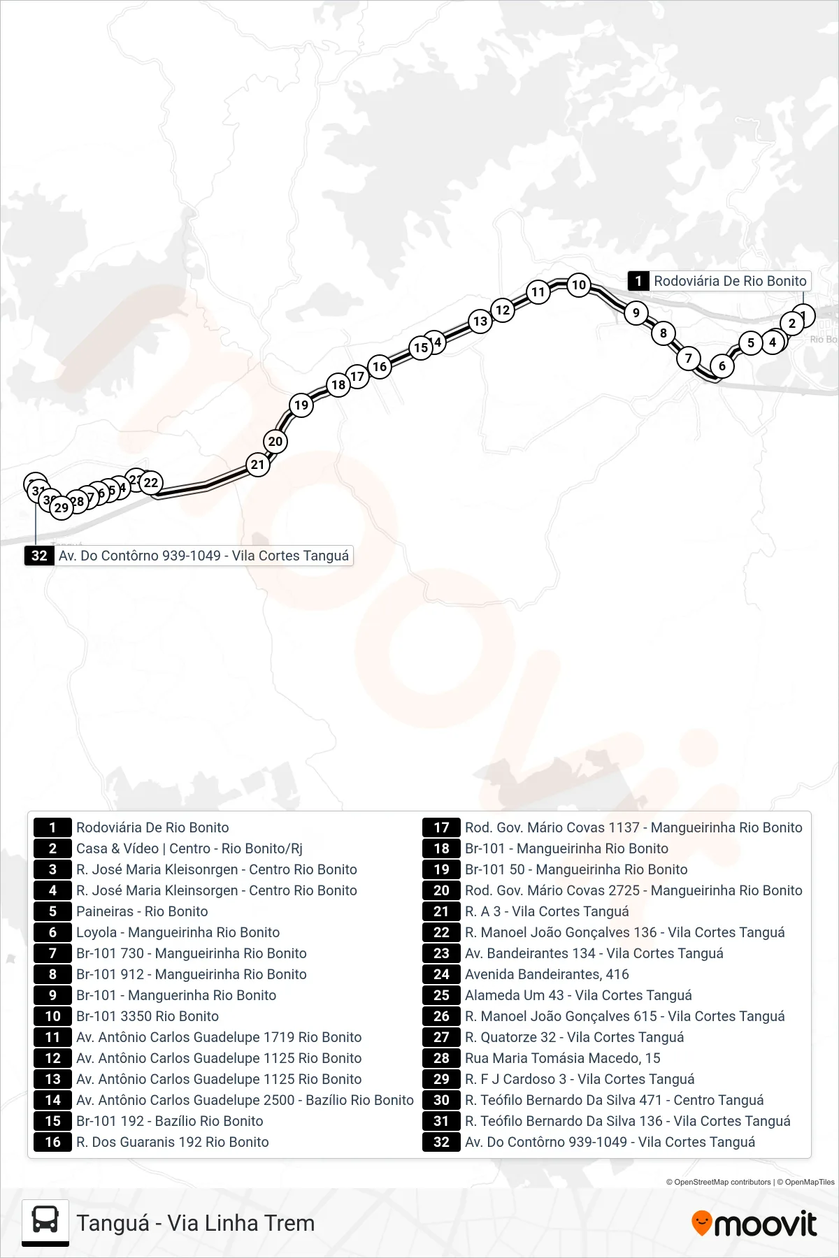 Rota e paradas da linha de ônibus MB34 (Tanguá - Via Linha Trem) no mapa