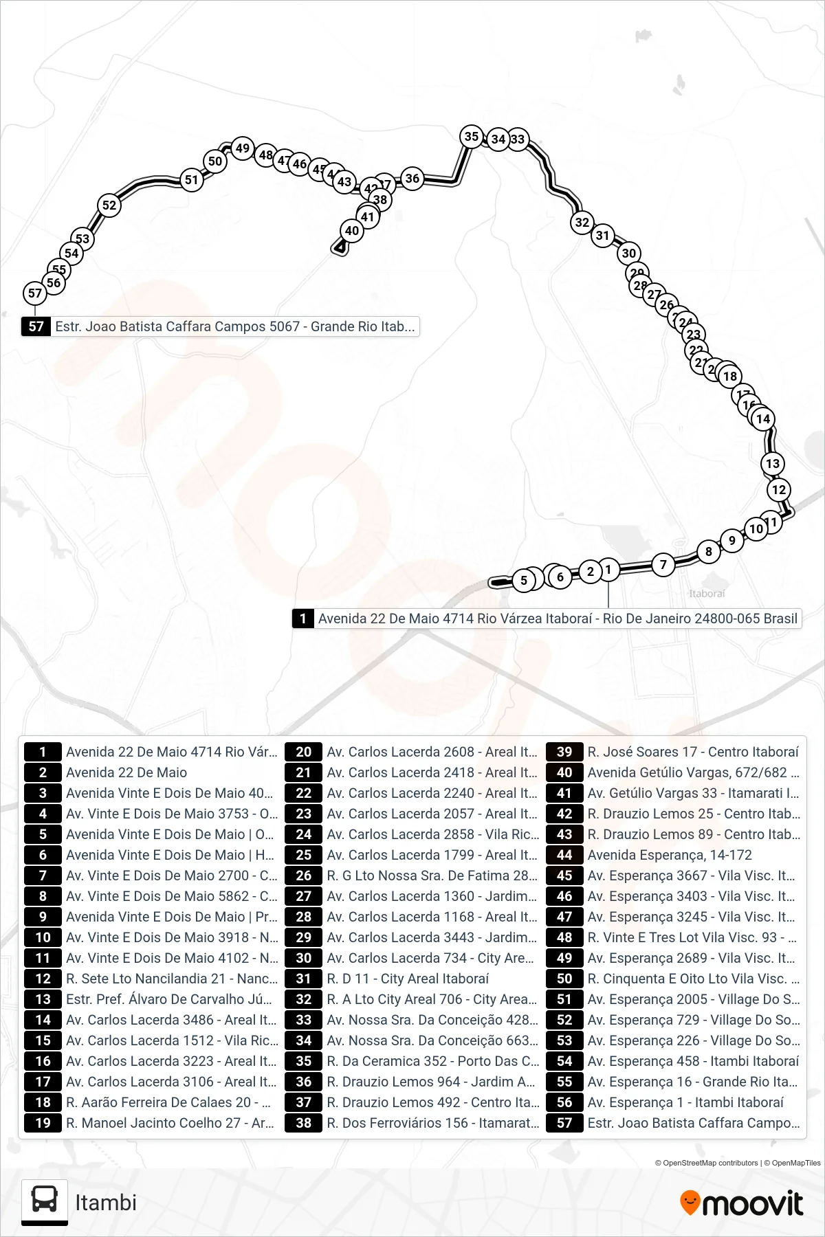 Rota e paradas da linha de ônibus MB36 (Itambi) no mapa