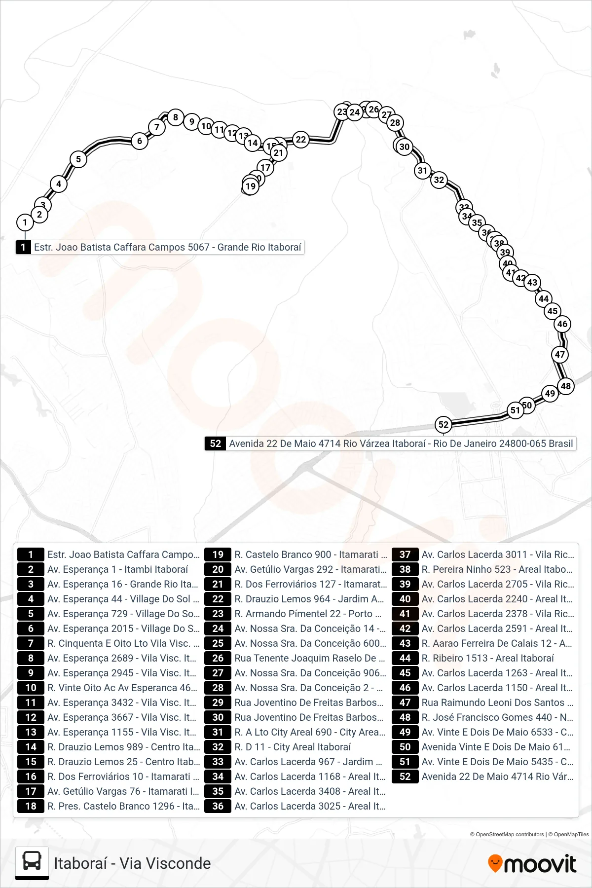 Rota e paradas da linha de ônibus MB36 (Itaboraí - Via Visconde) no mapa