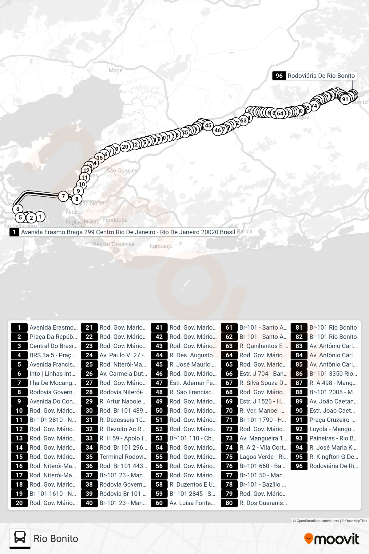 1925D bus Line (Rio Bonito) route and stops on a map