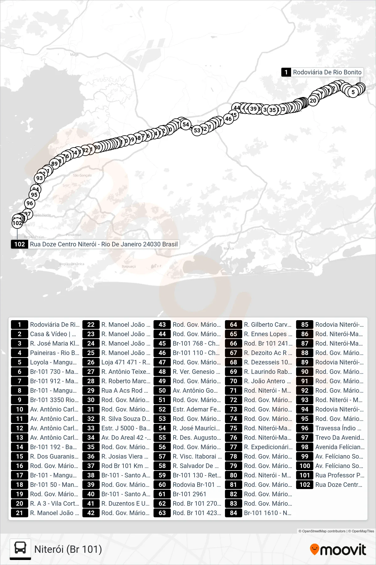 Rota e paradas da linha de ônibus 1MB10 (Niterói (Br 101)) no mapa