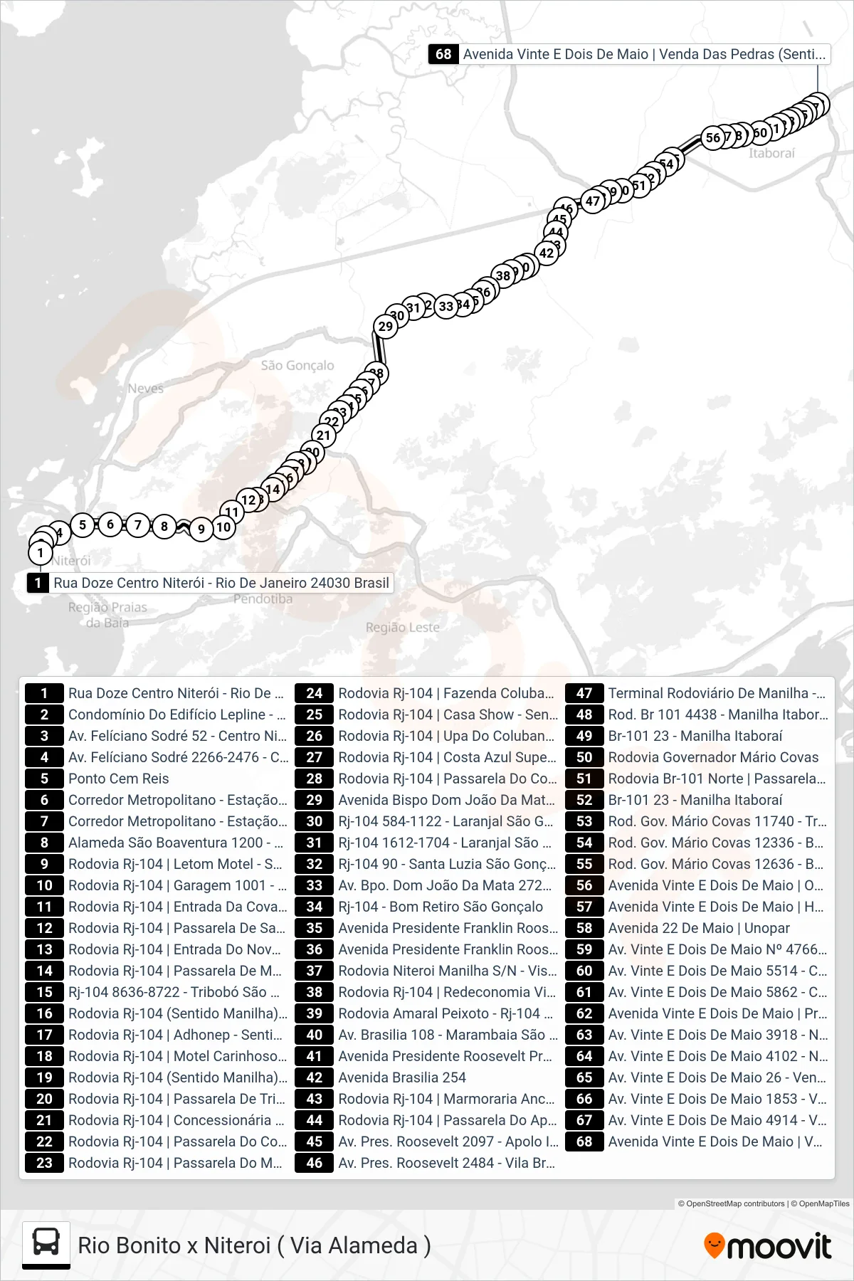 Rota e paradas da linha de ônibus 2MB10 (Venda Das Pedras (Via Alameda)) no mapa