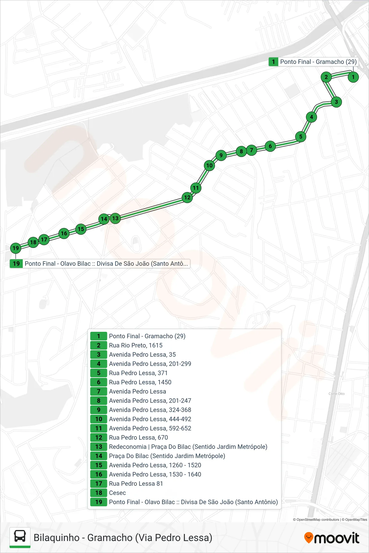 29 bus Line (Bilaquinho) route and stops on a map
