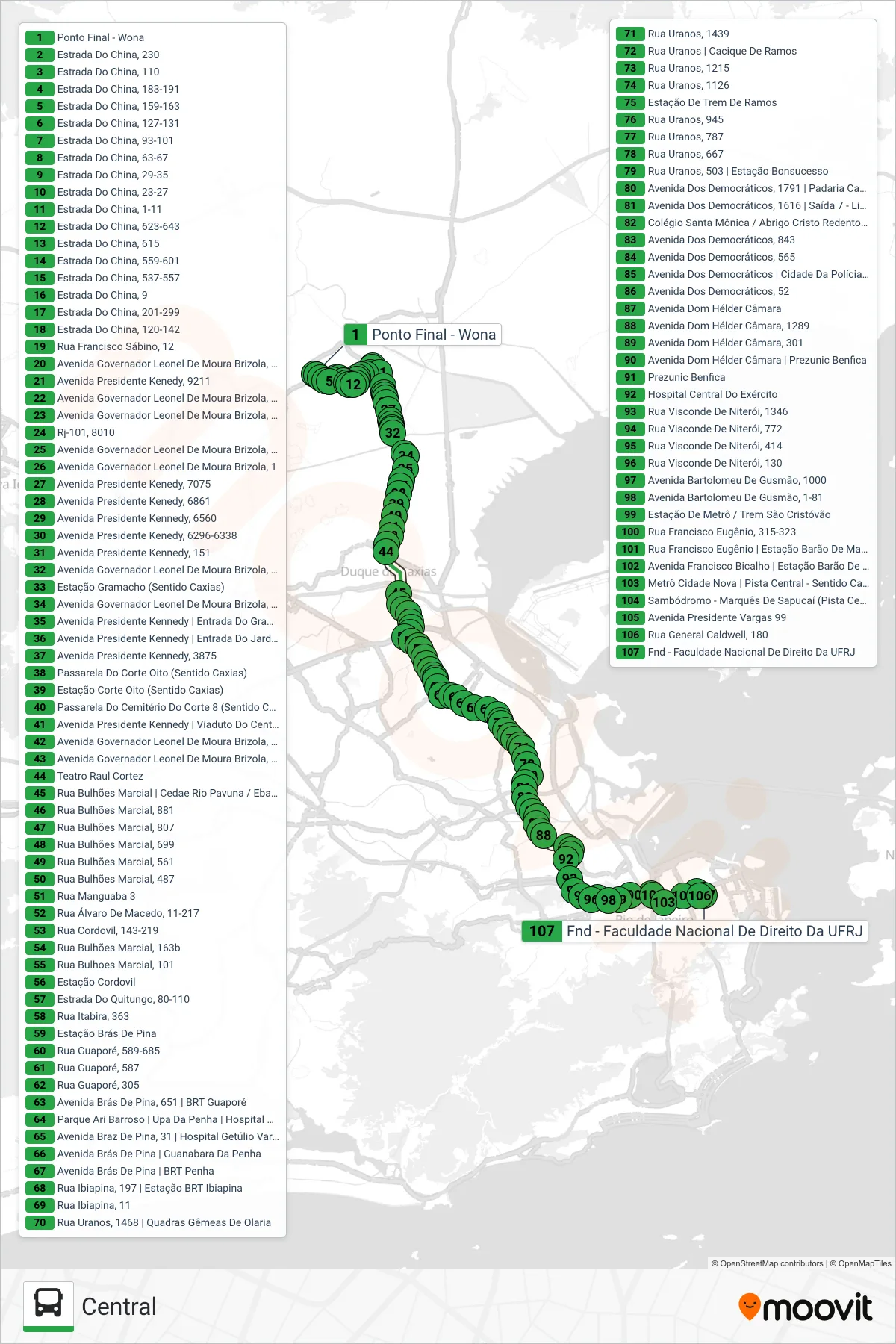 Rota e paradas da linha de ônibus 600C (Central) no mapa