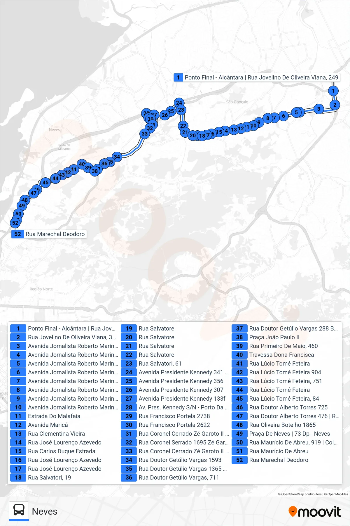 Rota e paradas da linha de ônibus 56 (Neves) no mapa