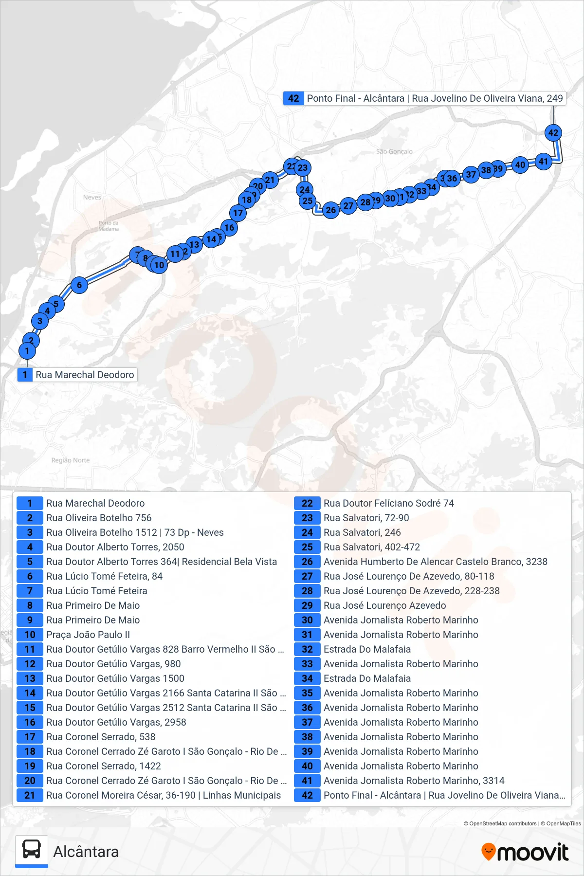 Rota e paradas da linha de ônibus 56 (Alcântara) no mapa