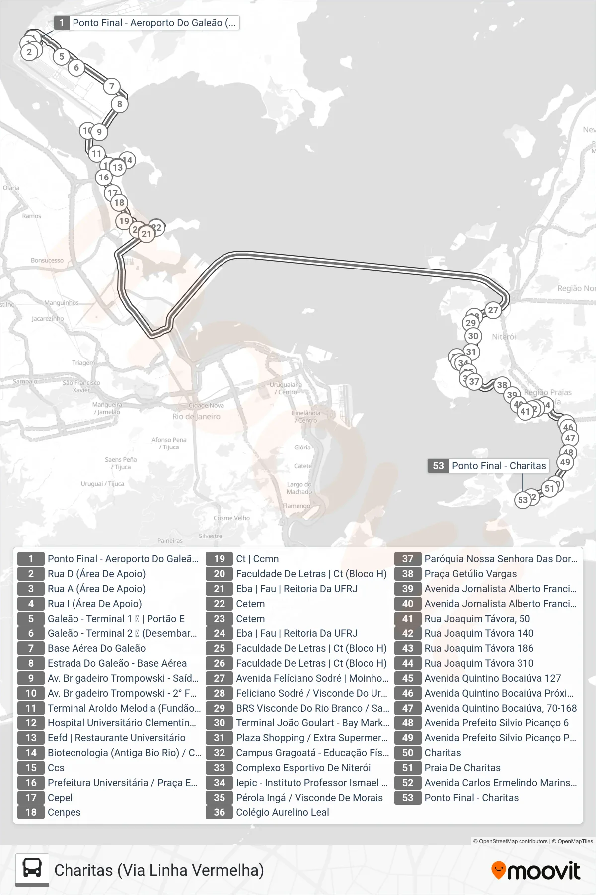 Rota e paradas da linha de ônibus 1760D (EXECUTIVO) (Charitas (Via Linha Vermelha)) no mapa