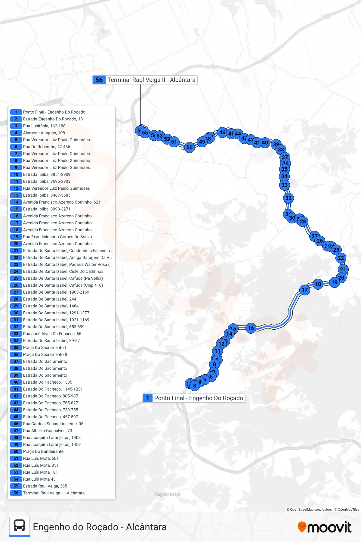 Rota e paradas da linha de ônibus 08 (Alcântara) no mapa