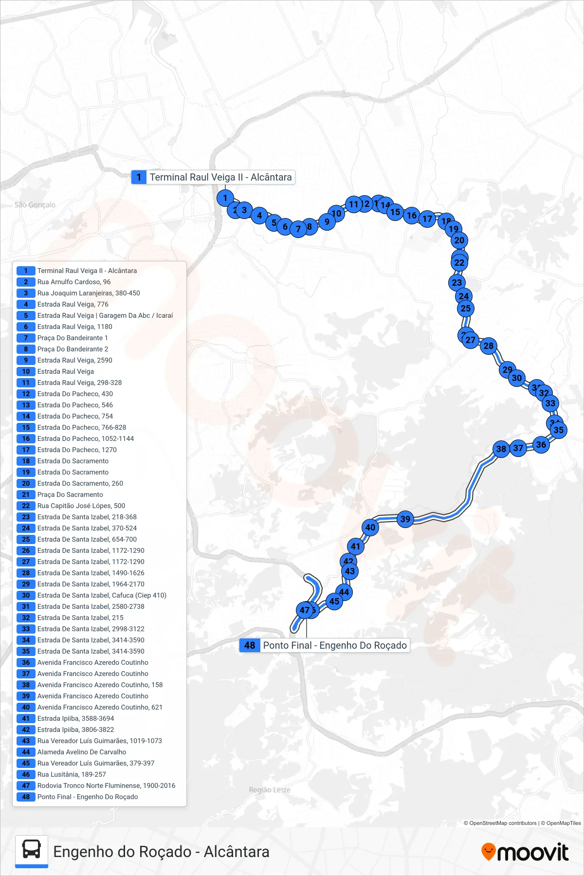 Rota e paradas da linha de ônibus 08 (Engenho Do Roçado) no mapa