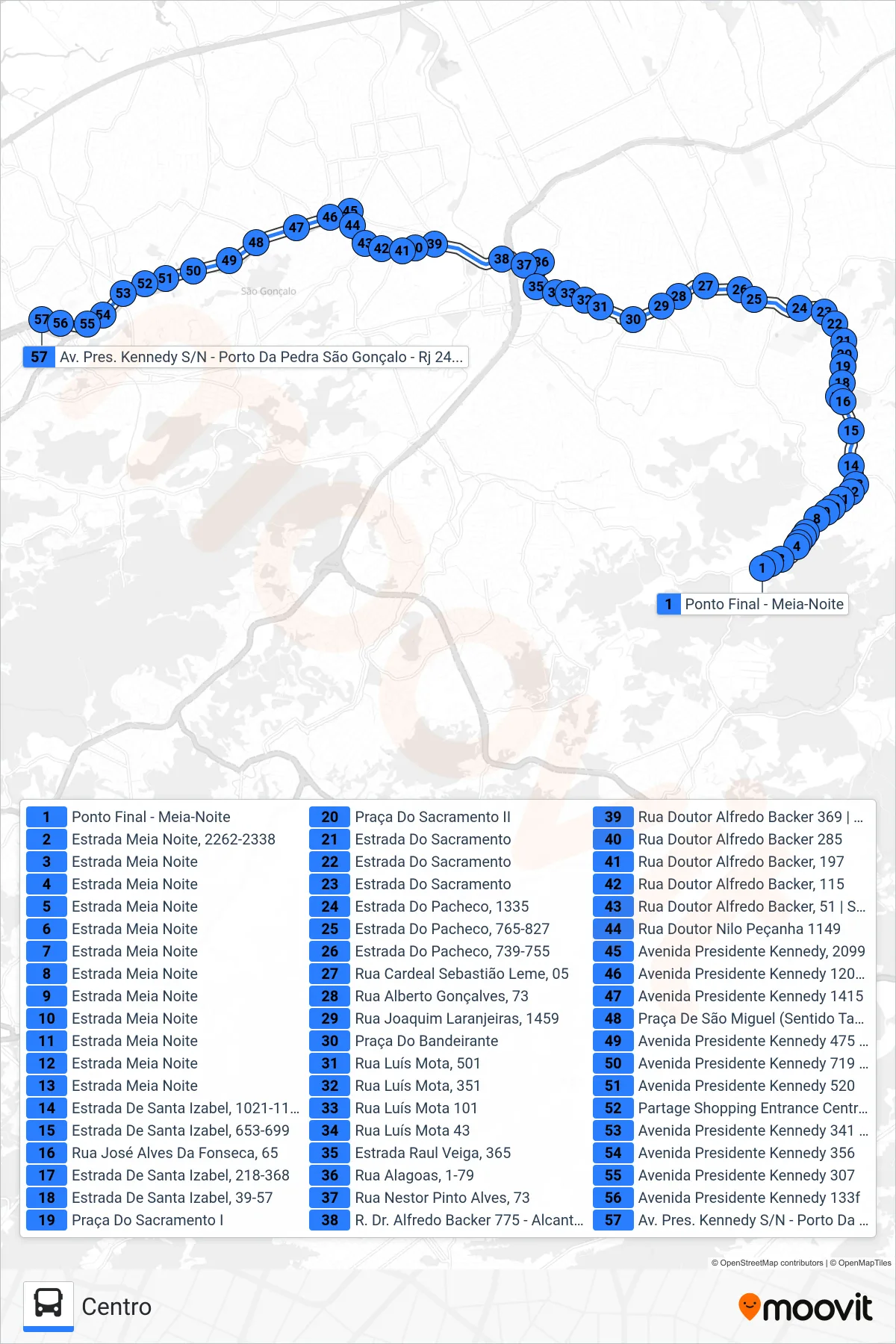 Rota e paradas da linha de ônibus  54  (Centro) no mapa