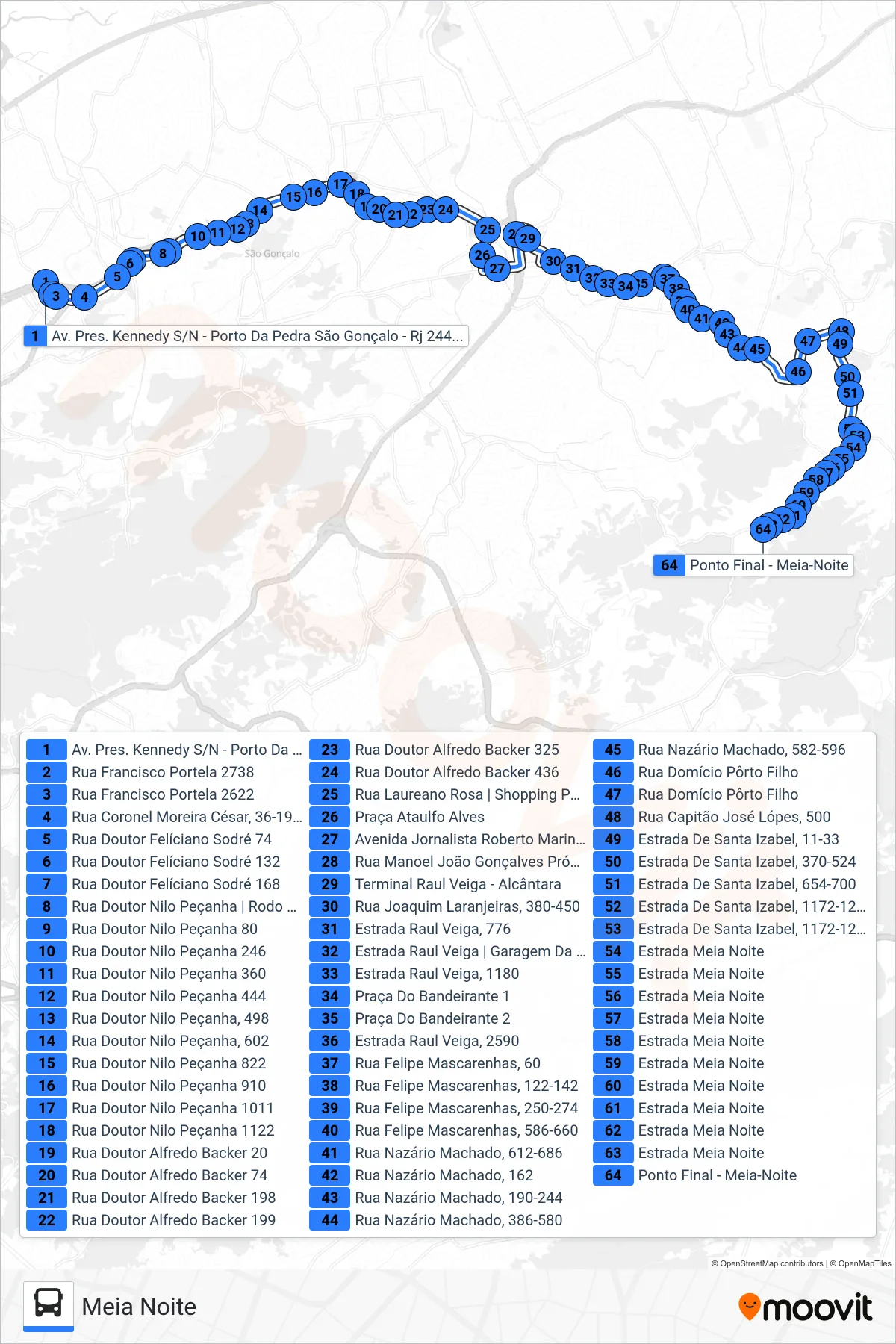 Rota e paradas da linha de ônibus 54 (Meia Noite) no mapa