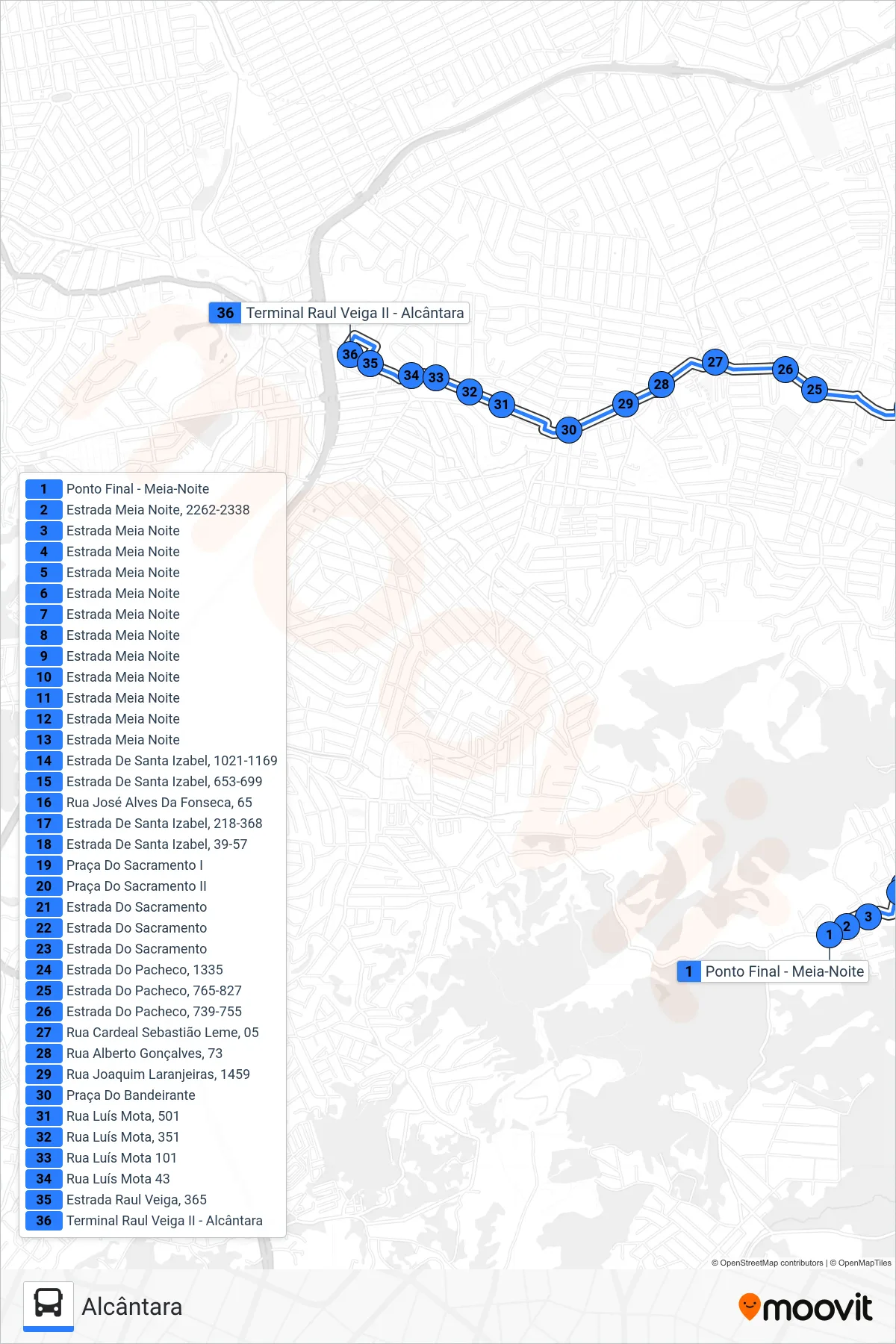54A bus Line (Alcântara) route and stops on a map