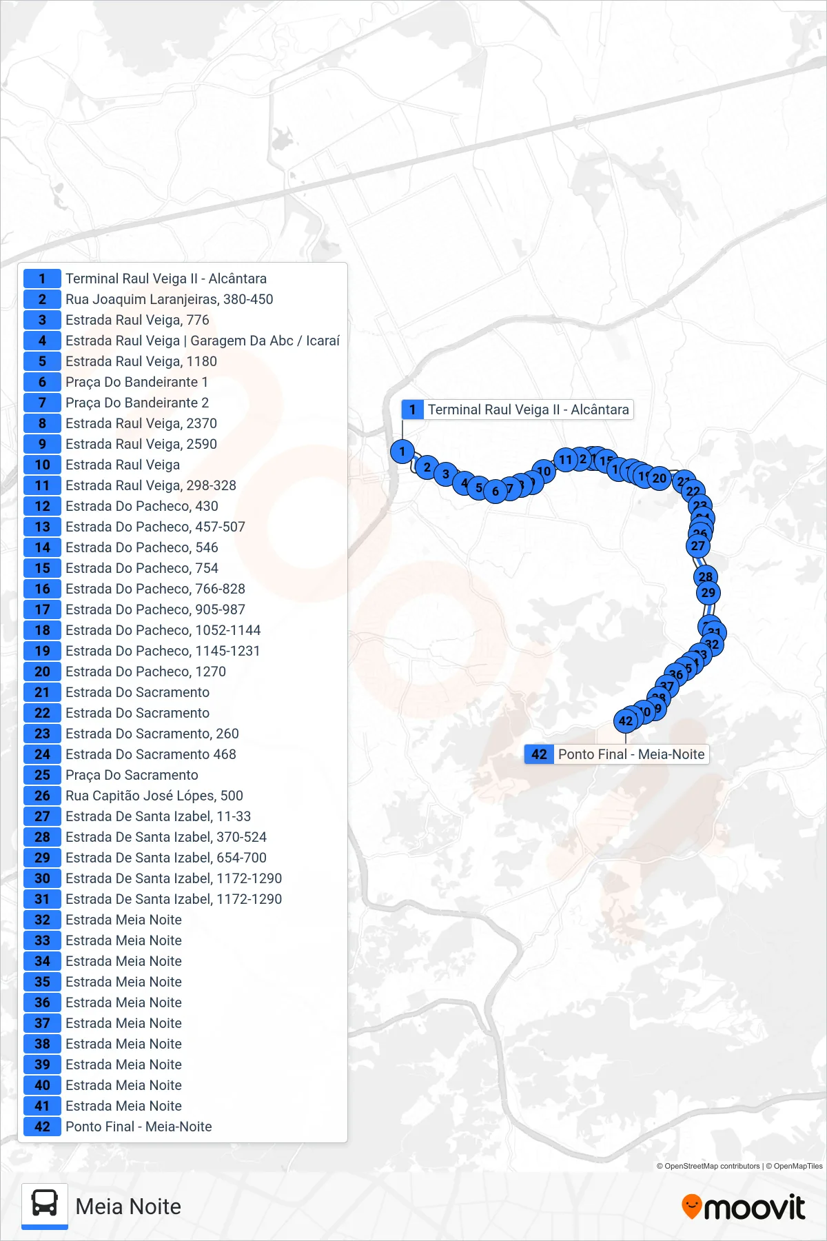 Rota e paradas da linha de ônibus 54A (Meia Noite) no mapa
