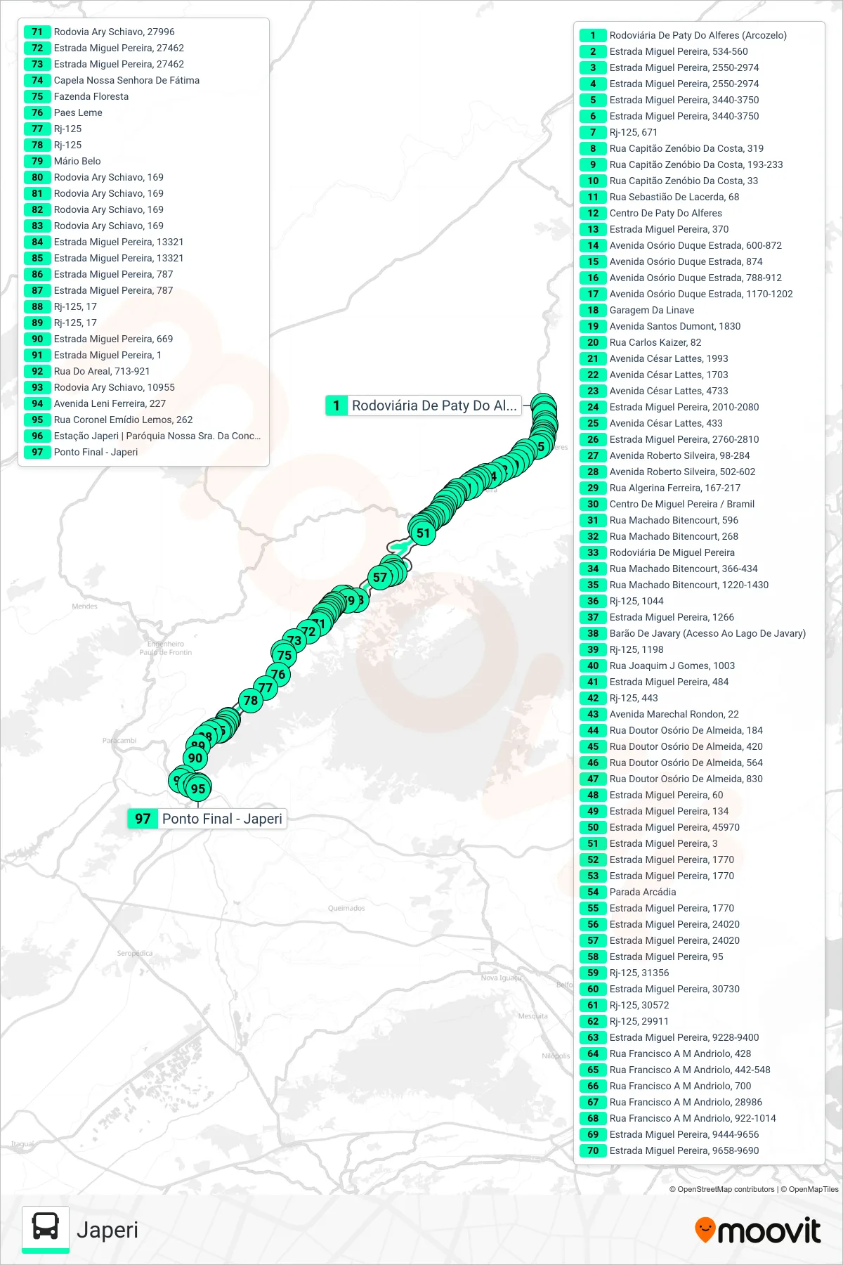 MP74 bus Line (Japeri) route and stops on a map