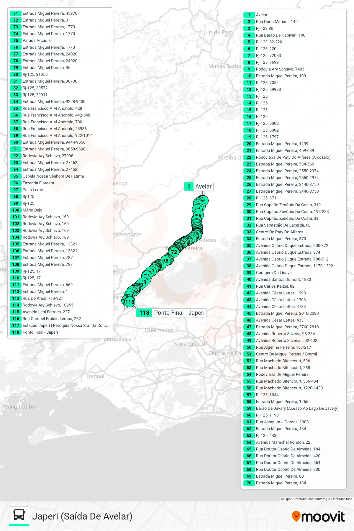 Rota e paradas da linha de ônibus MP74 (Japeri (Saída De Avelar)) no mapa