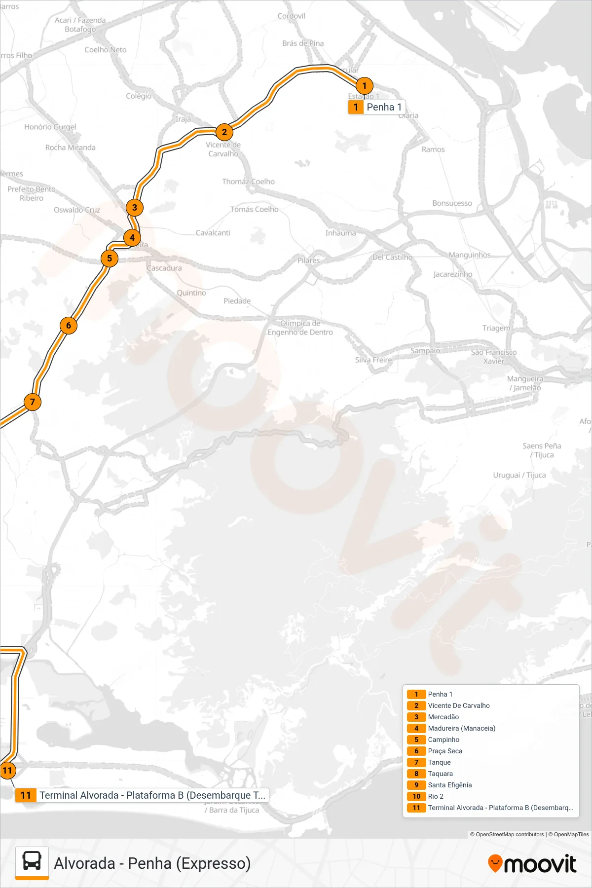 Rota e paradas da linha de ônibus 46 (Alvorada (Expresso)) no mapa