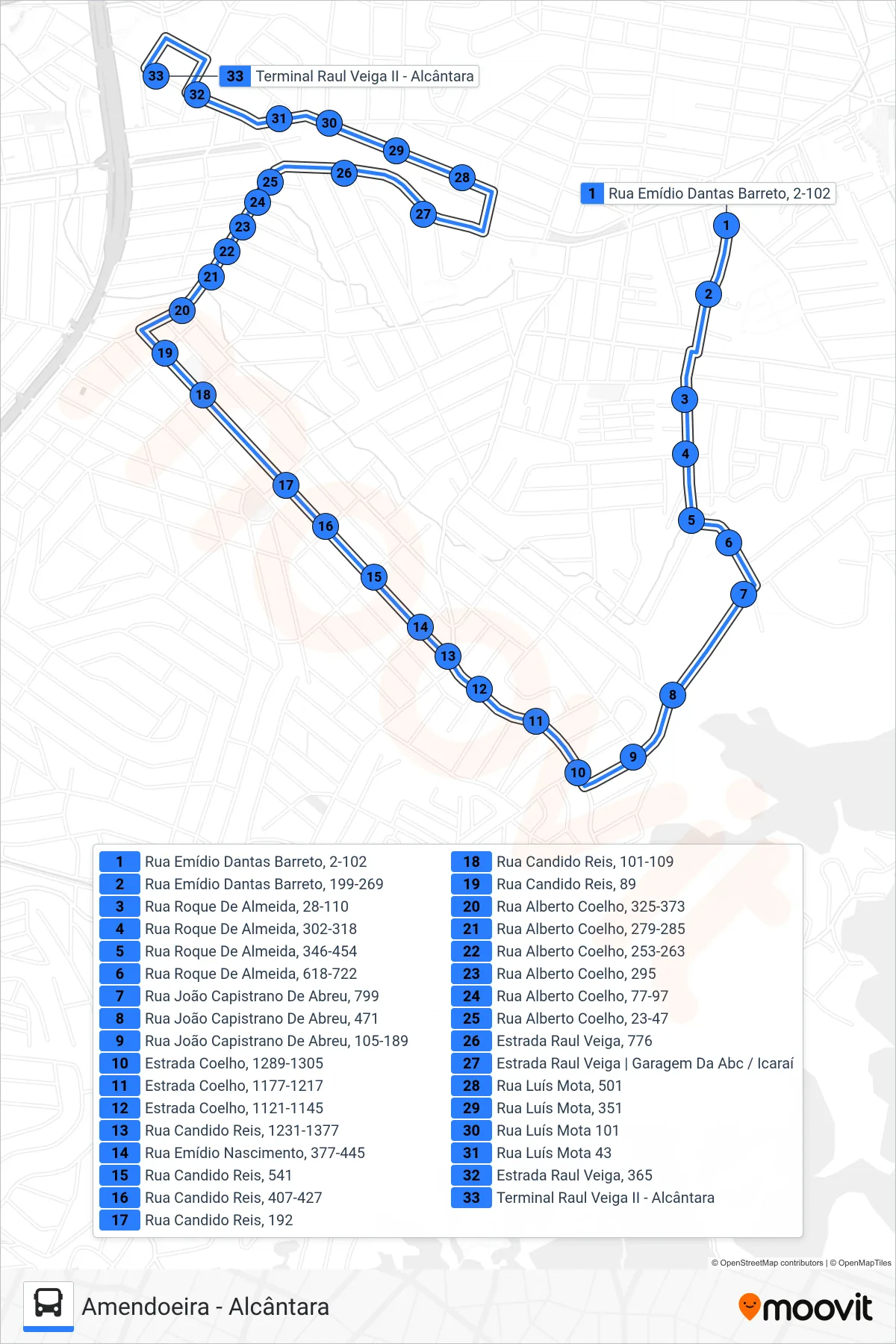Rota e paradas da linha de ônibus 34B (Alcântara) no mapa