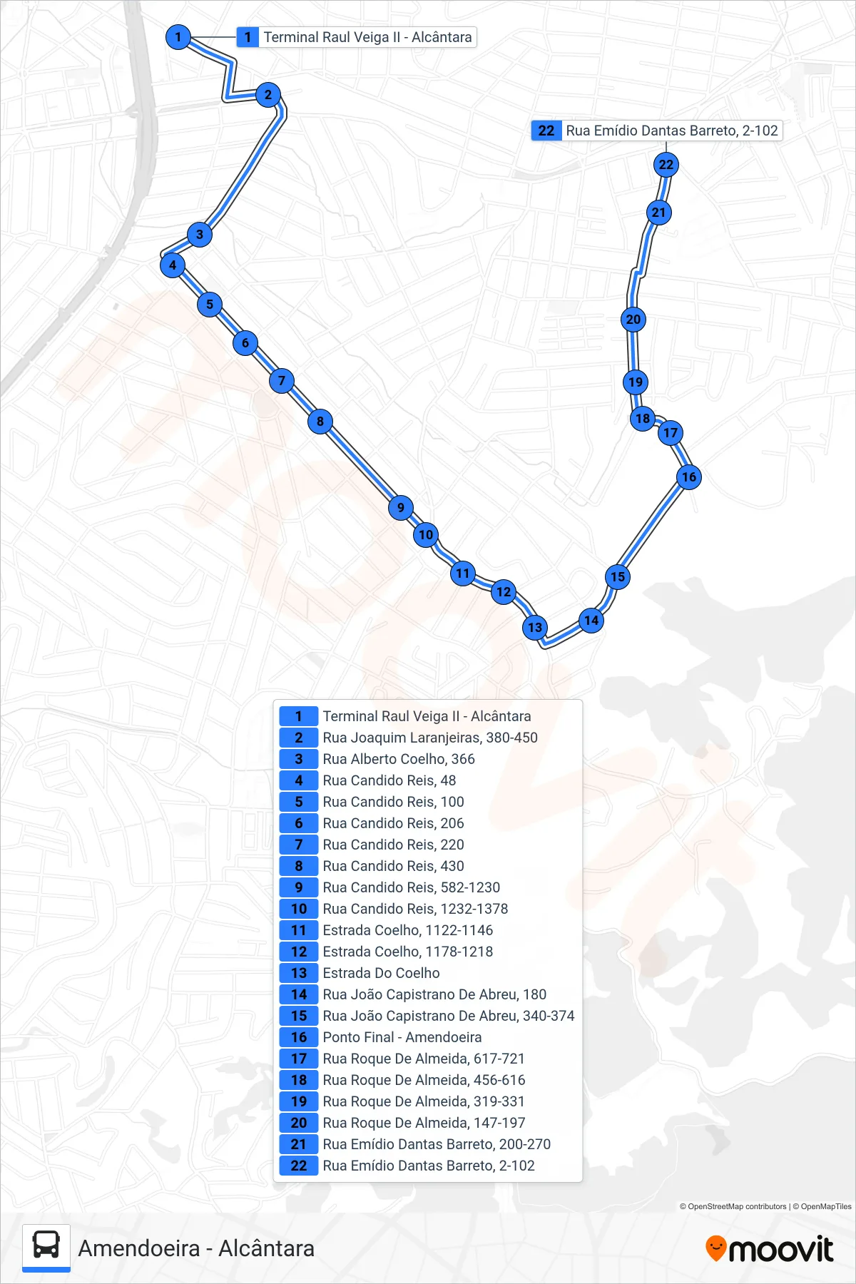 Rota e paradas da linha de ônibus 34B (Amendoeira) no mapa