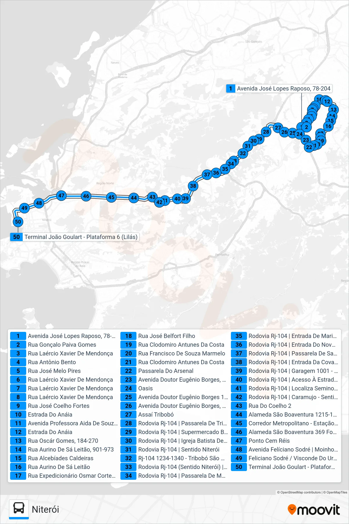 Rota e paradas da linha de ônibus 540R (Niterói) no mapa