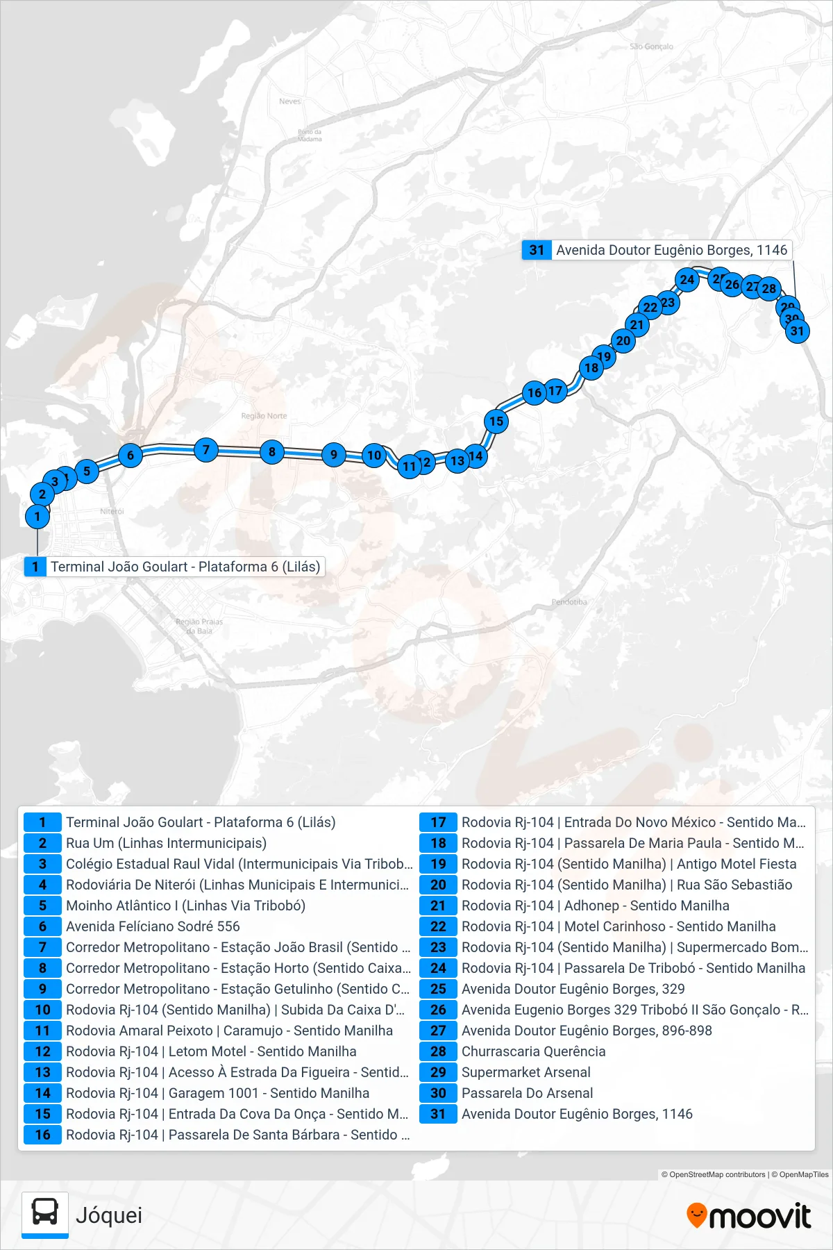 Rota e paradas da linha de ônibus 540R (Jóquei) no mapa