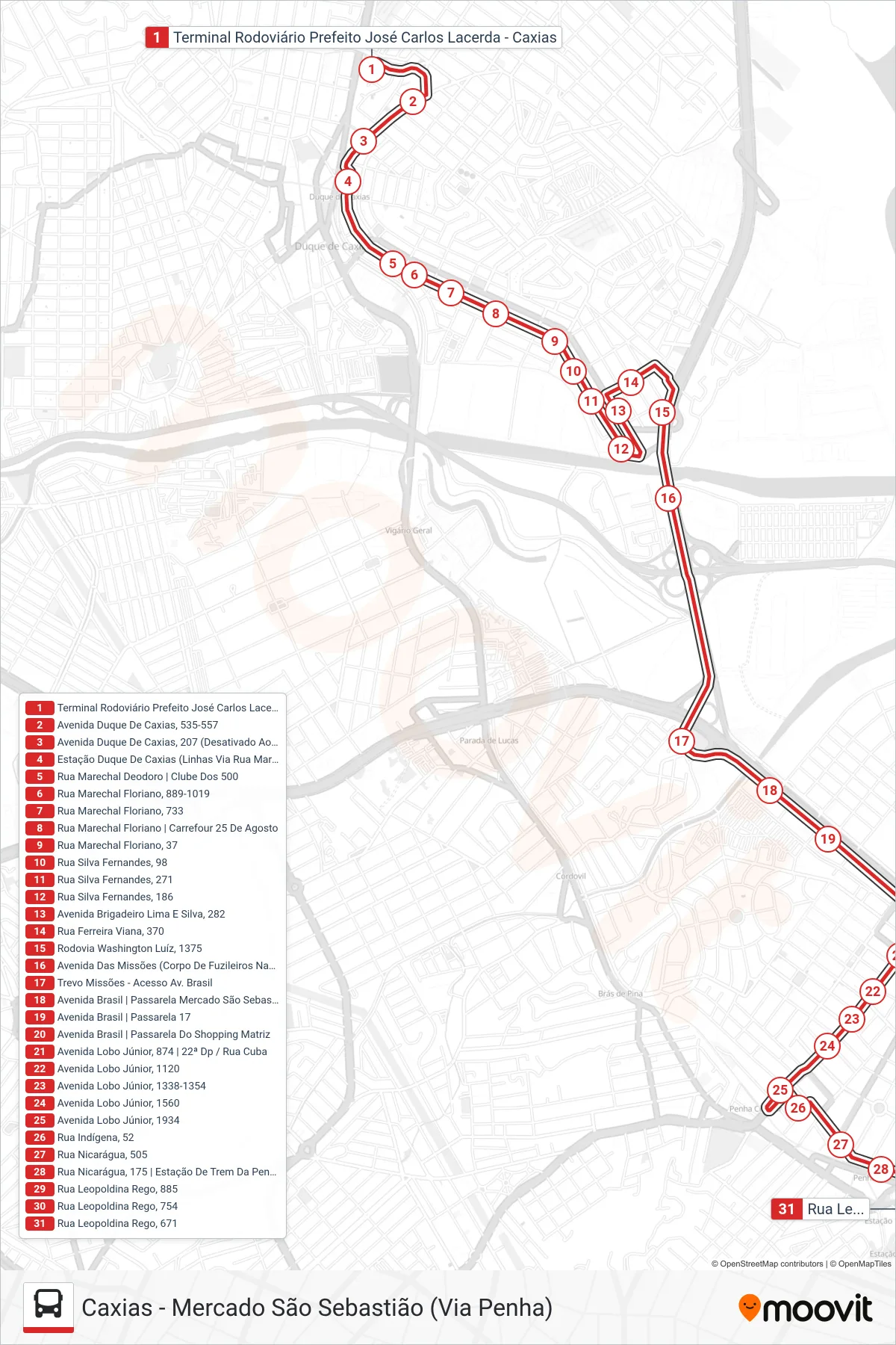 Rota e paradas da linha de ônibus 431C (Mercado São Sebastião) no mapa