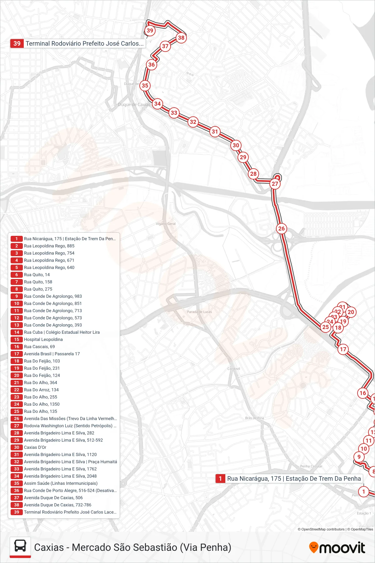 431C bus Line (Caxias) route and stops on a map