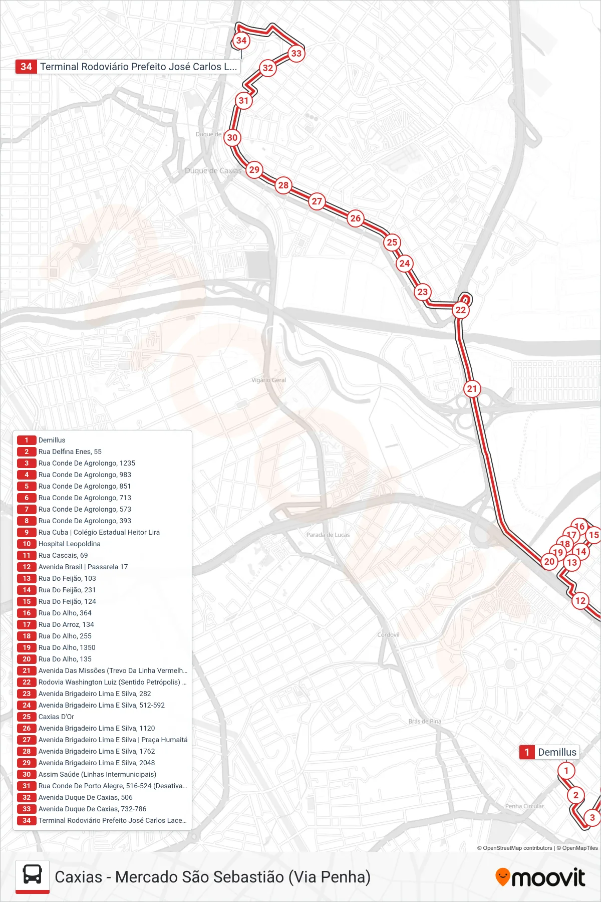 Rota e paradas da linha de ônibus 431C (Demillus → Caxias) no mapa