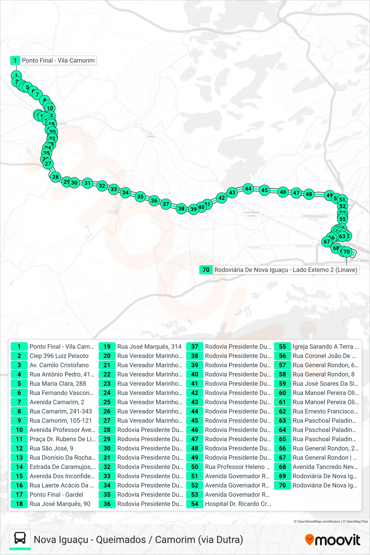 Rota e paradas da linha de ônibus 155I (Nova Iguaçu) no mapa