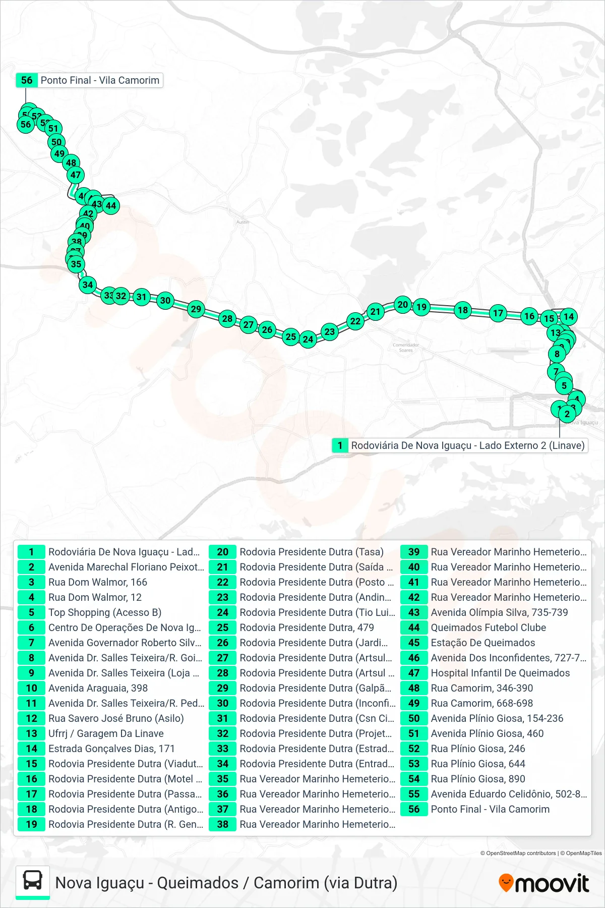 Rota e paradas da linha de ônibus 155I (Queimados / Camorim) no mapa
