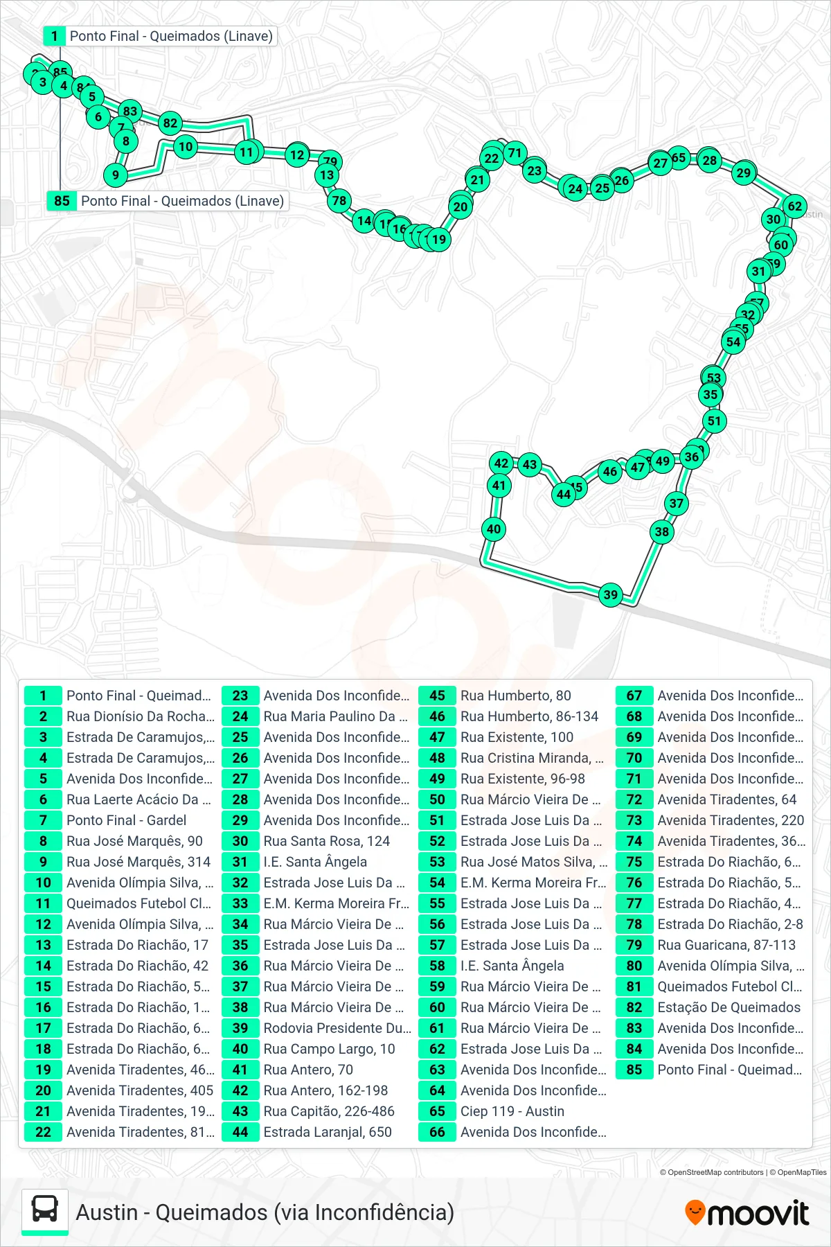 Rota e paradas da linha de ônibus 610I (Austin ↔ Queimados) no mapa
