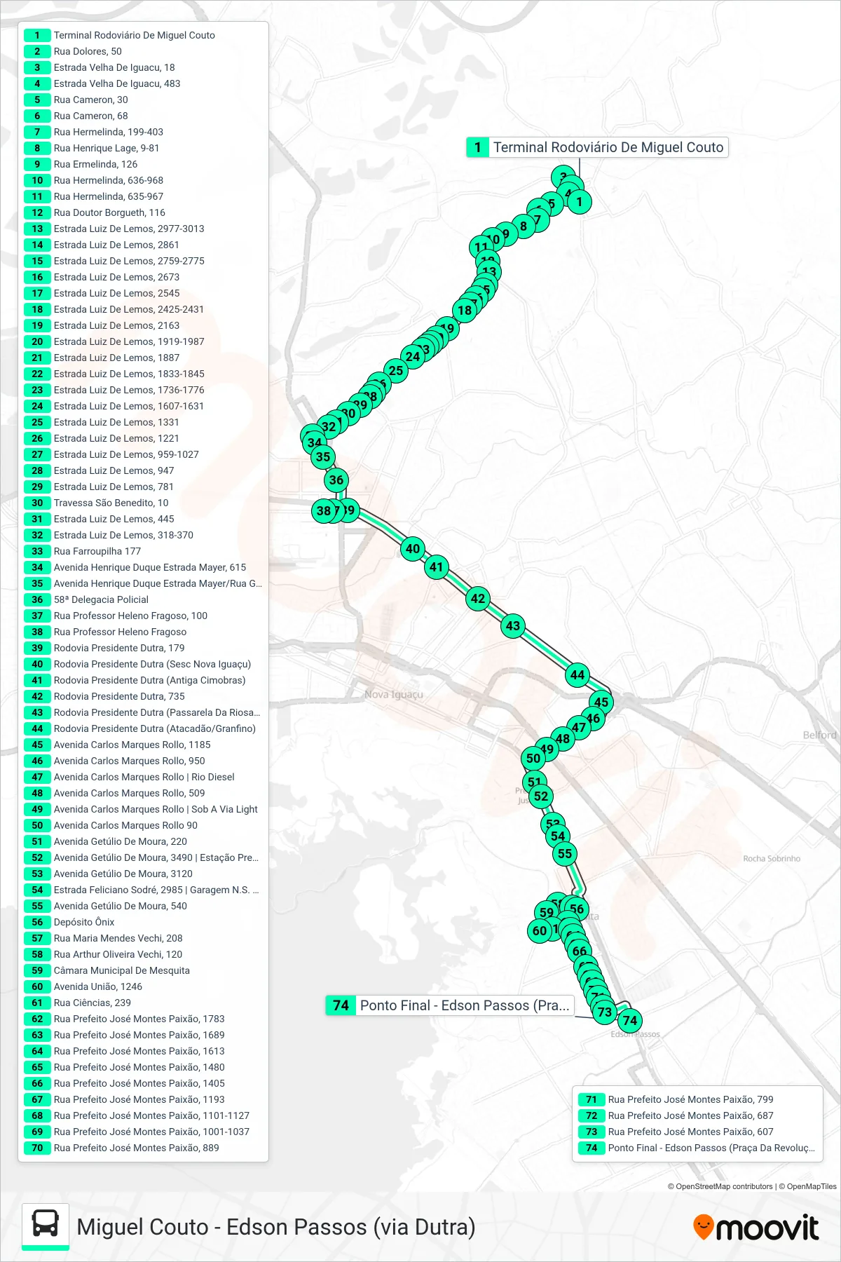 Rota e paradas da linha de ônibus 705I (Edson Passos) no mapa