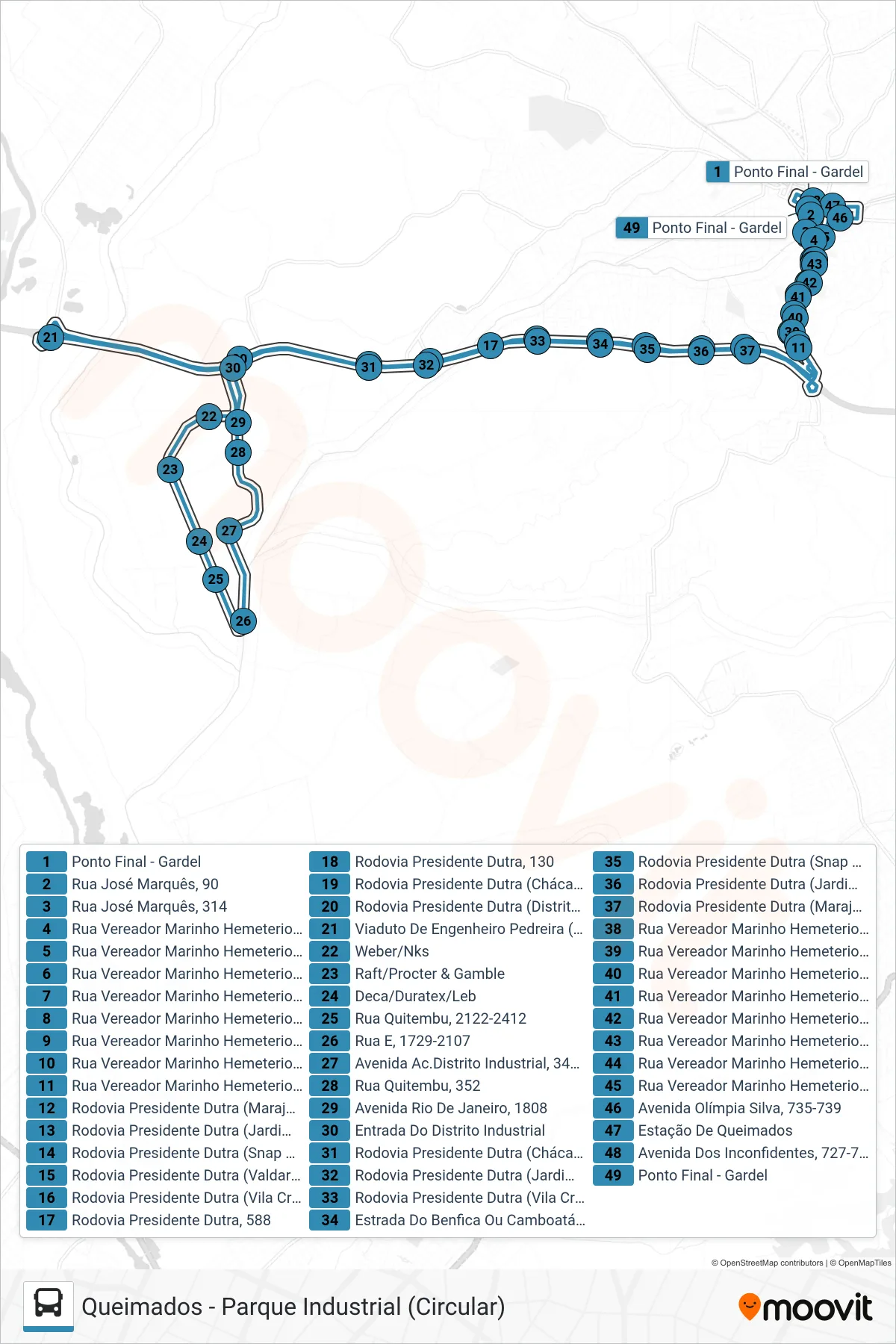 Rota e paradas da linha de ônibus  04  (Queimados ↔ Parque Industrial) no mapa