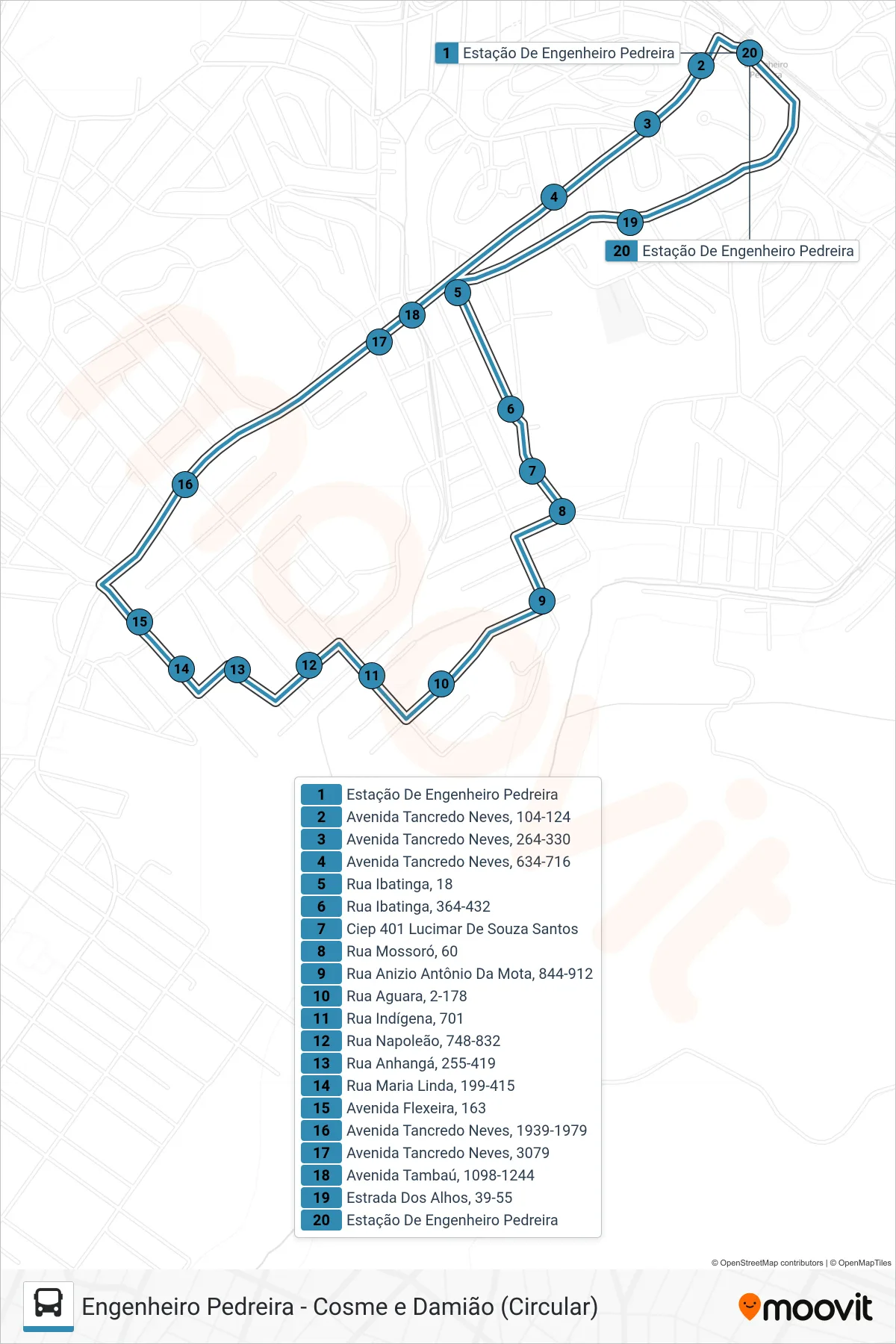 Rota e paradas da linha de ônibus 08 (Eng. Pedreira ↔ Cosme E Damião) no mapa
