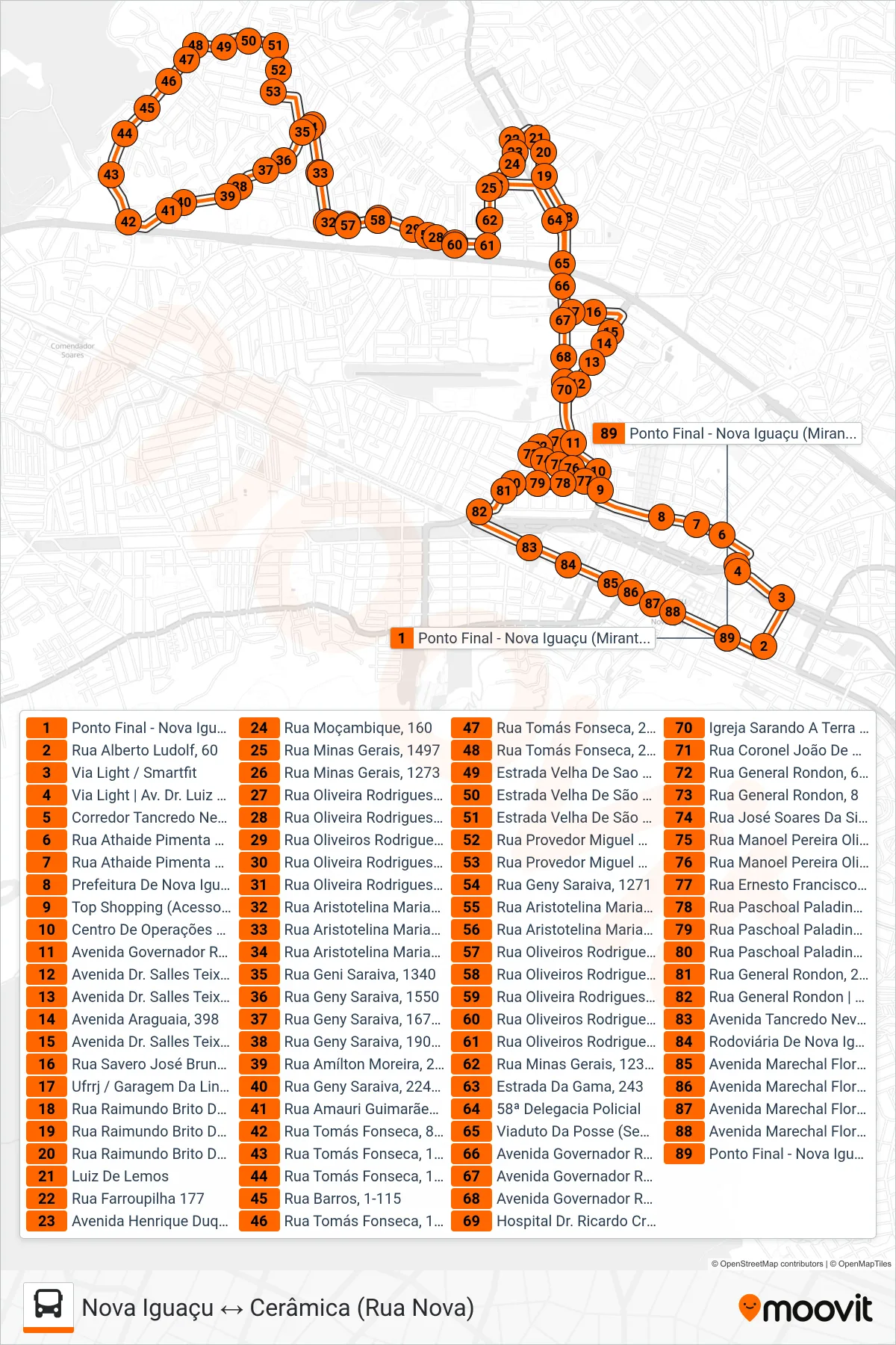 Rota e paradas da linha de ônibus 102 (Nova Iguaçu ↔ Cerâmica (Rua Nova)) no mapa