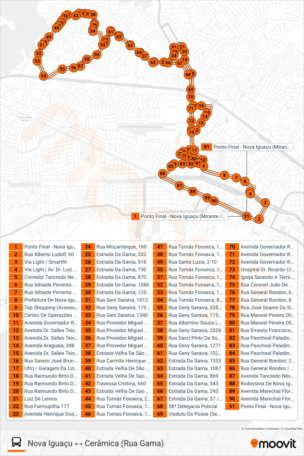 Rota e paradas da linha de ônibus 103 (Nova Iguaçu ↔ Cerâmica (Rua Gama)) no mapa