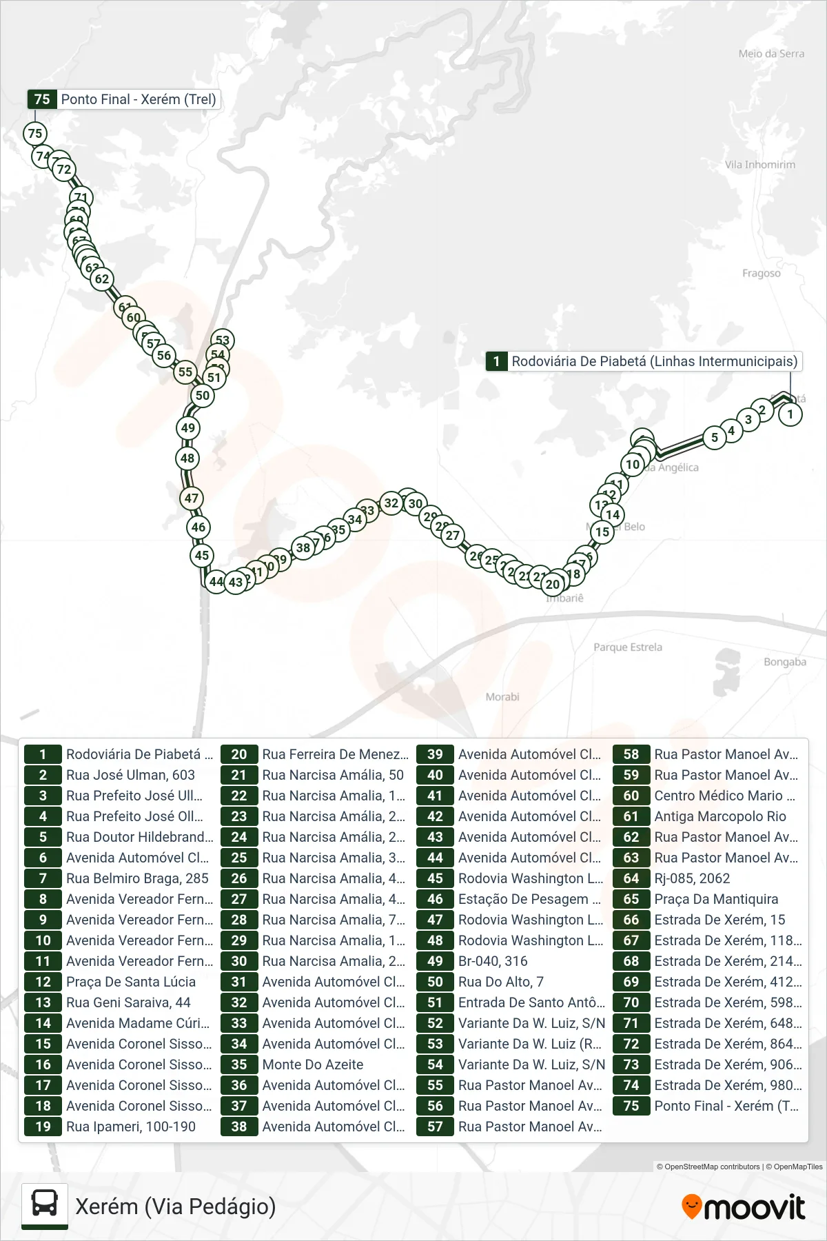 Rota e paradas da linha de ônibus  765I  (Xerém (Via Pedágio)) no mapa