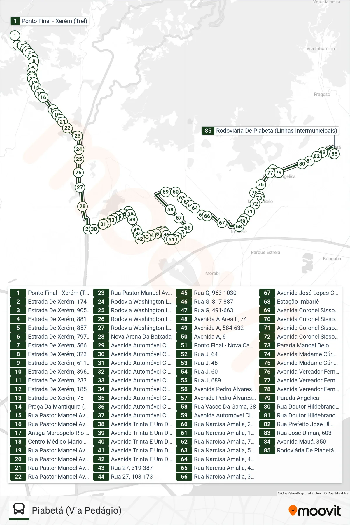 Rota e paradas da linha de ônibus 765I (Piabetá (Via Pedágio)) no mapa