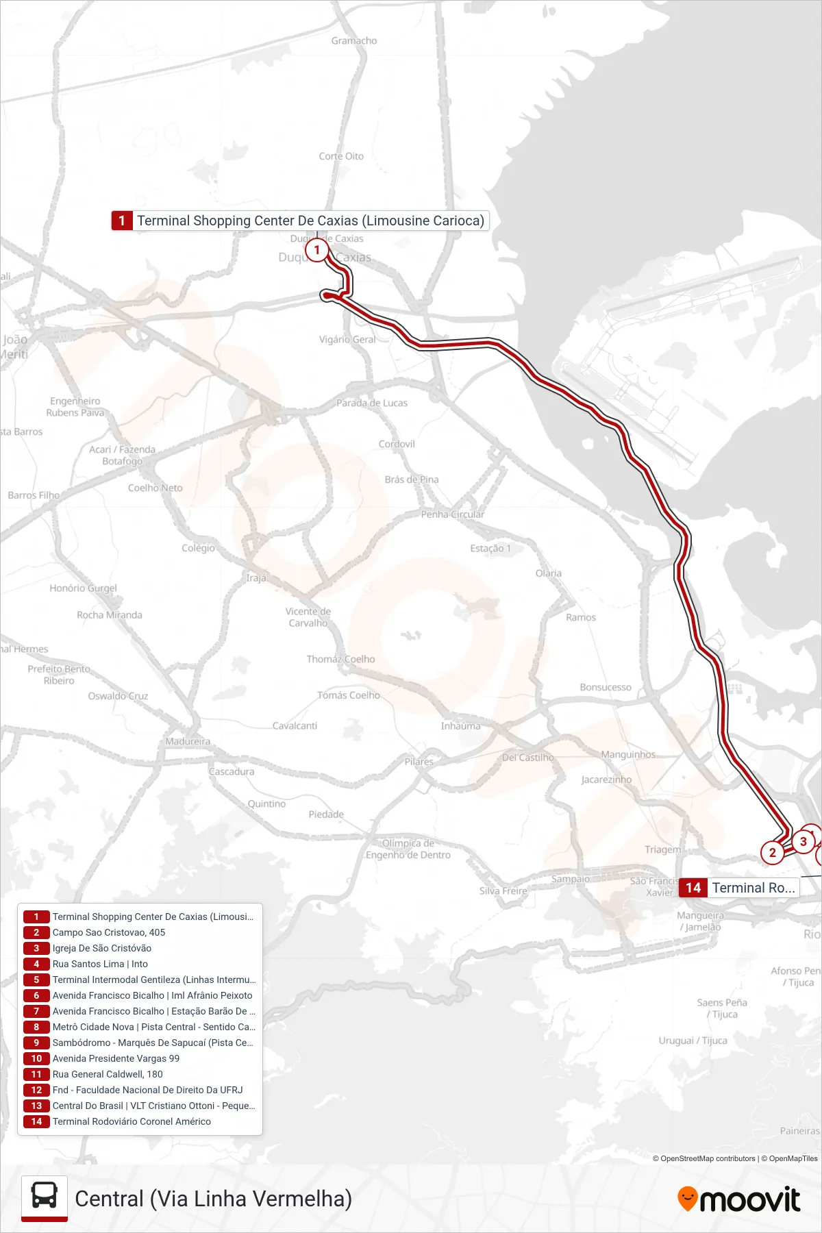 112C bus Line (Central (Via Linha Vermelha)) route and stops on a map