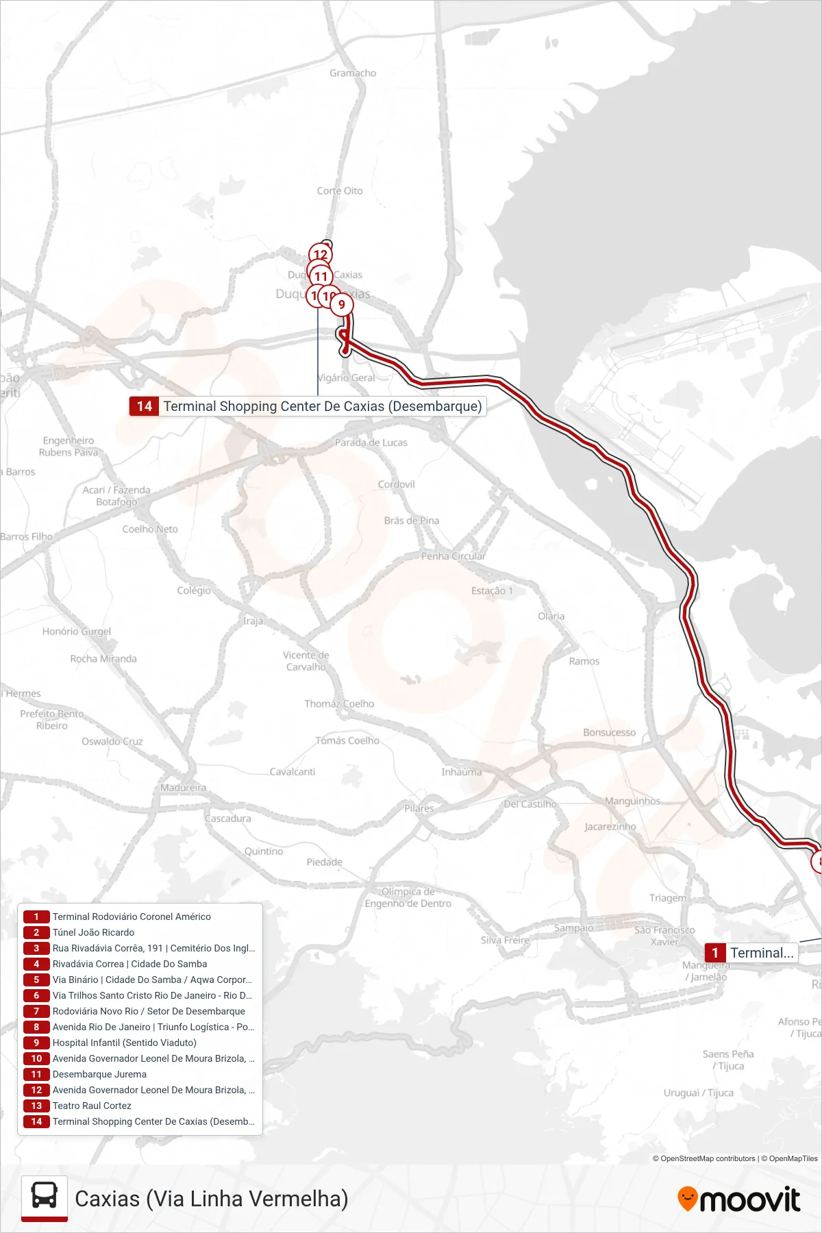 Rota e paradas da linha de ônibus 112C (Caxias (Via Linha Vermelha)) no mapa