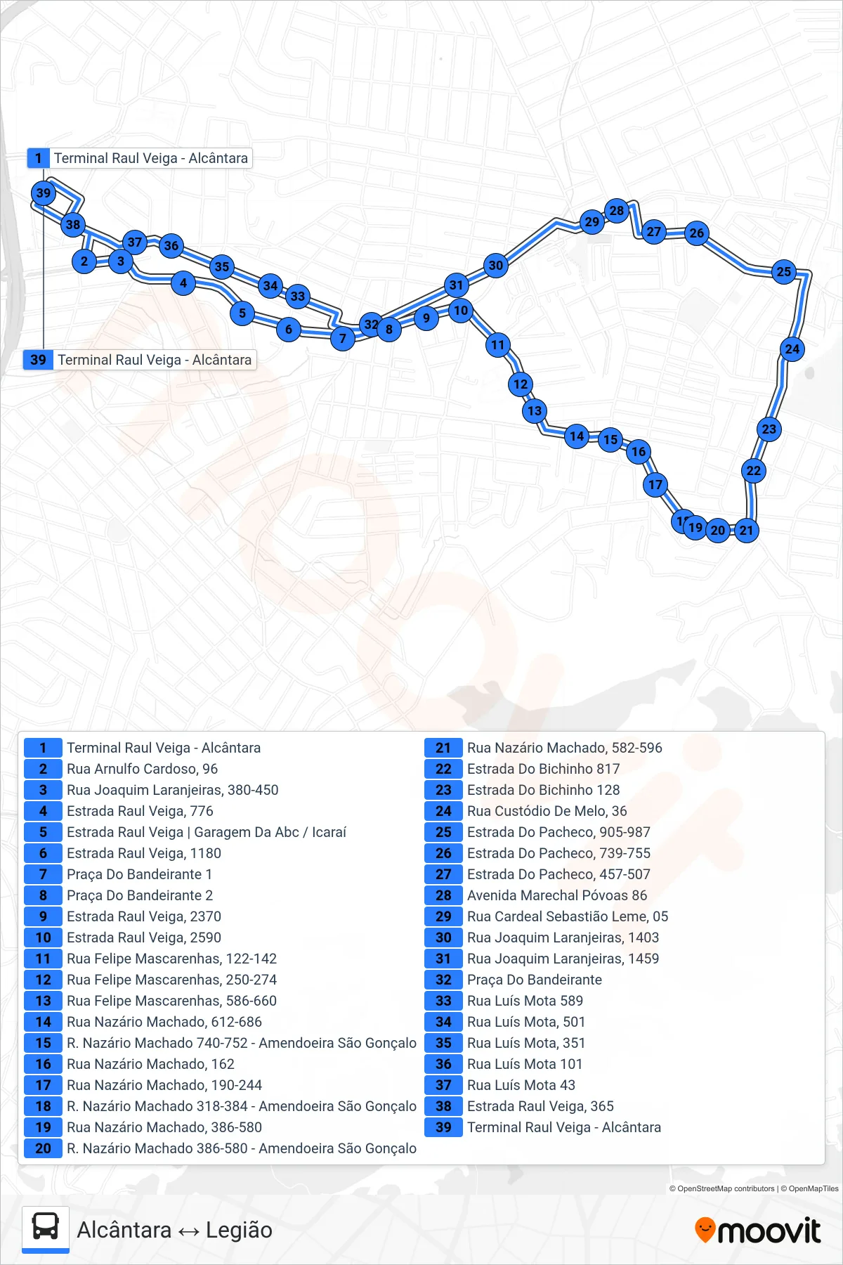 Rota e paradas da linha de ônibus 18 (Alcântara ↔ Legião) no mapa