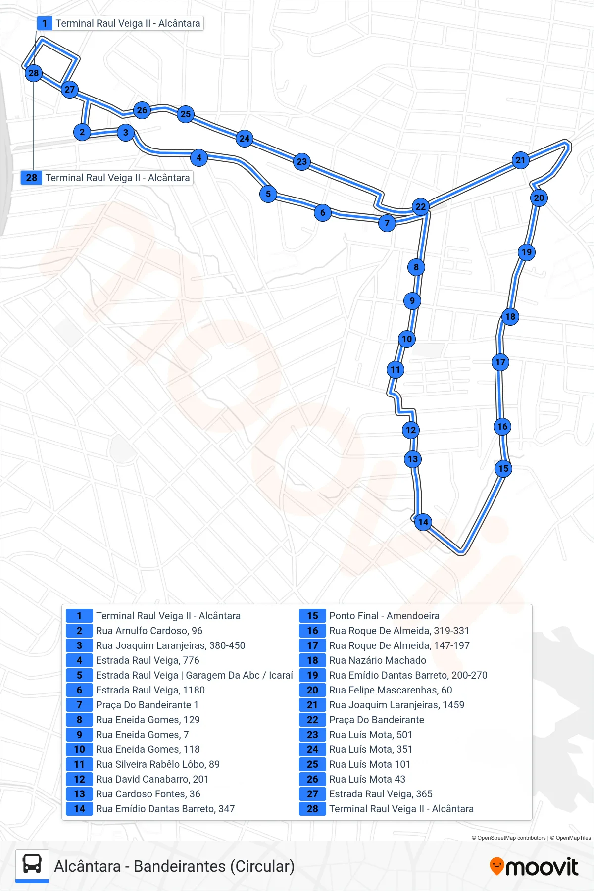 Rota e paradas da linha de ônibus 25B (Alcântara ↔ Bandeirantes (Circular)) no mapa