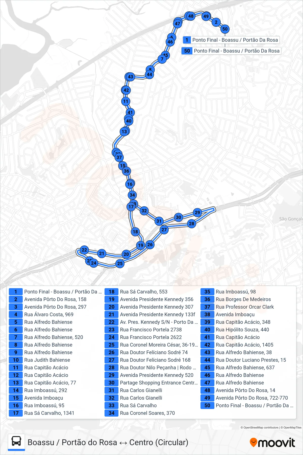 Rota e paradas da linha de ônibus  37A  (Boassu / Portão Do Rosa ↔ Centro) no mapa